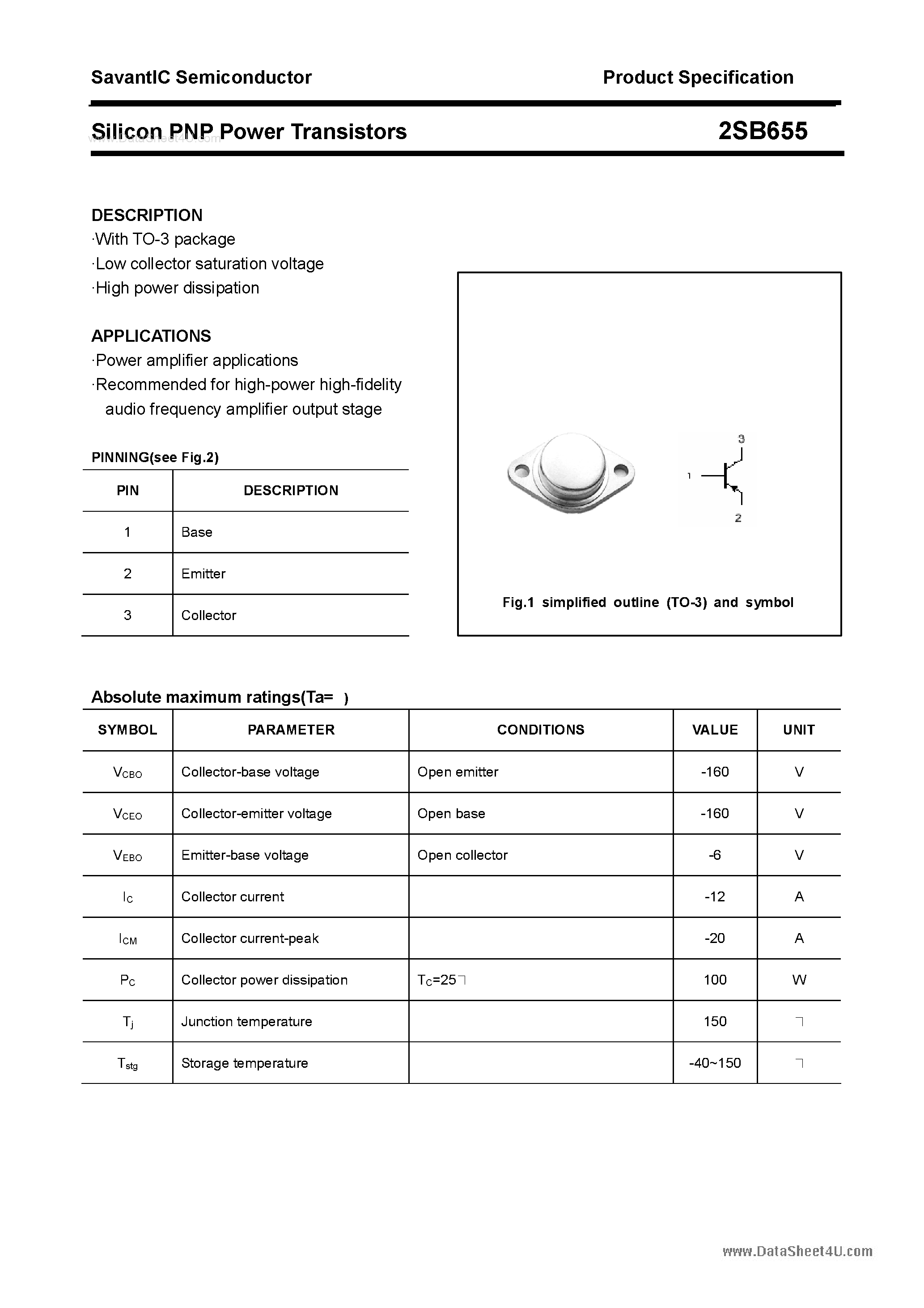 Datasheet 2SB655 page 1 Datasheet 2SB655 - SILICON POWER TRANSISTOR page 1