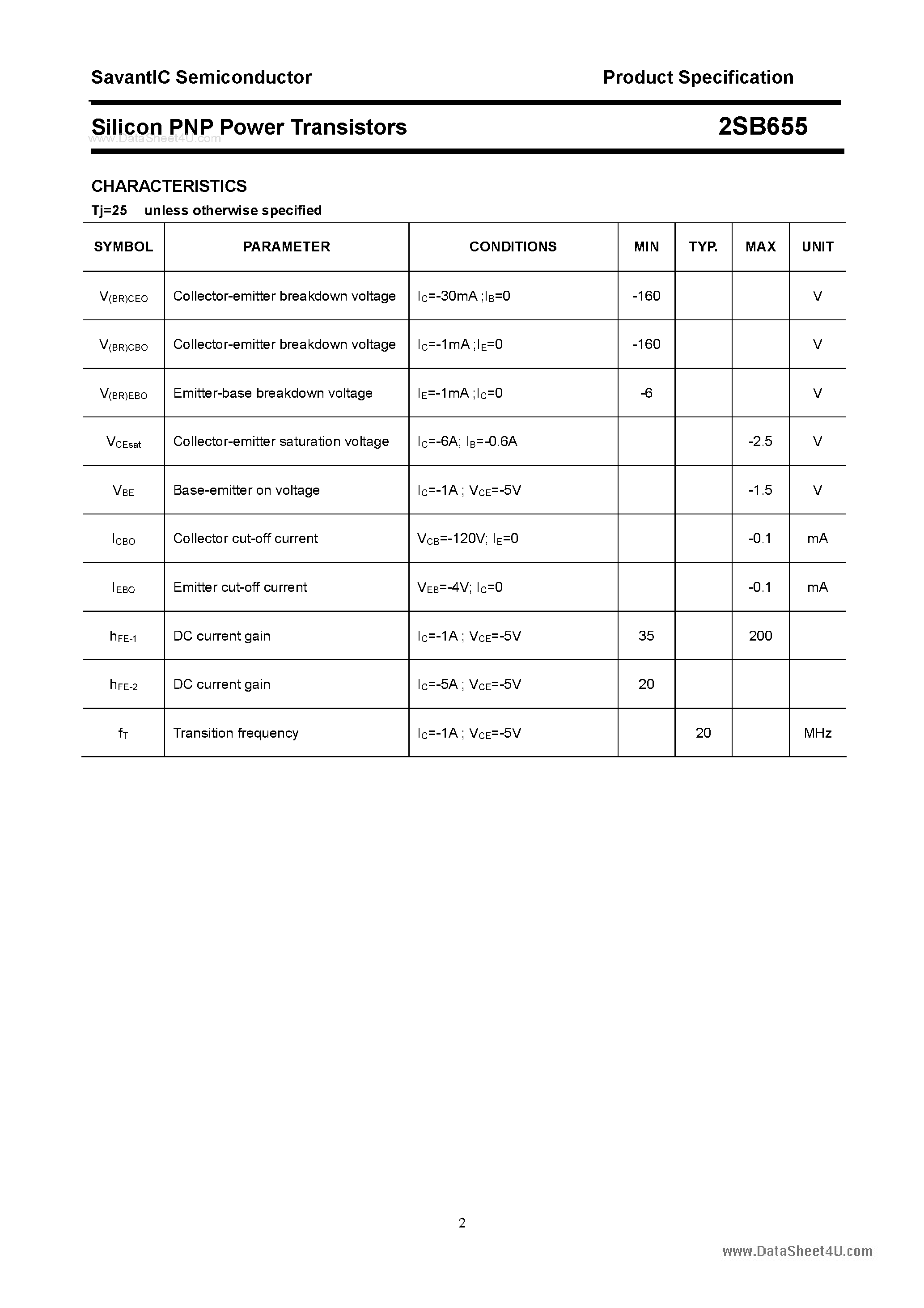 Datasheet 2SB655 page 2 Datasheet 2SB655 - SILICON POWER TRANSISTOR page 2