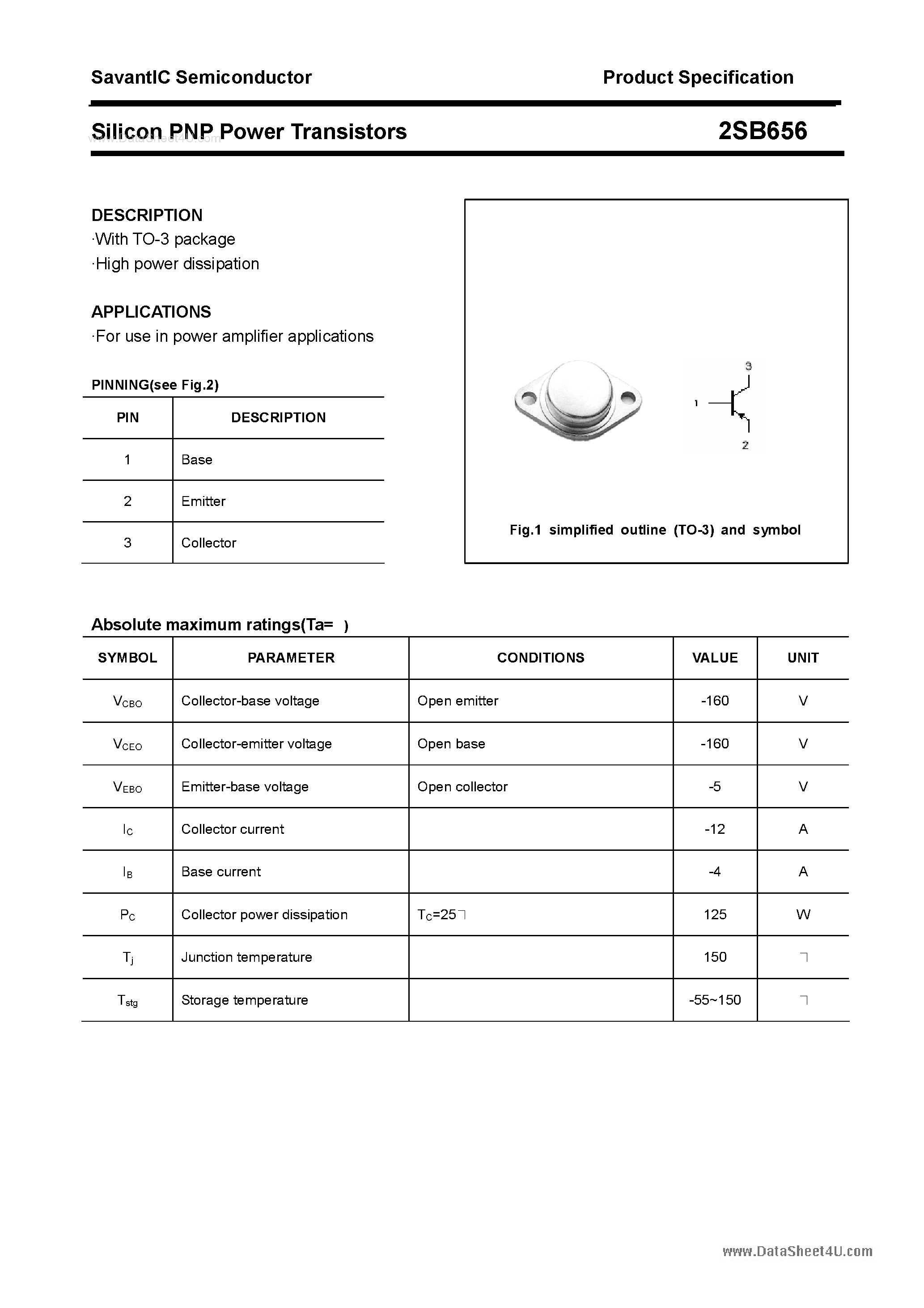 Datasheet 2SB656 page 1 Datasheet 2SB656 - SILICON POWER TRANSISTOR page 1