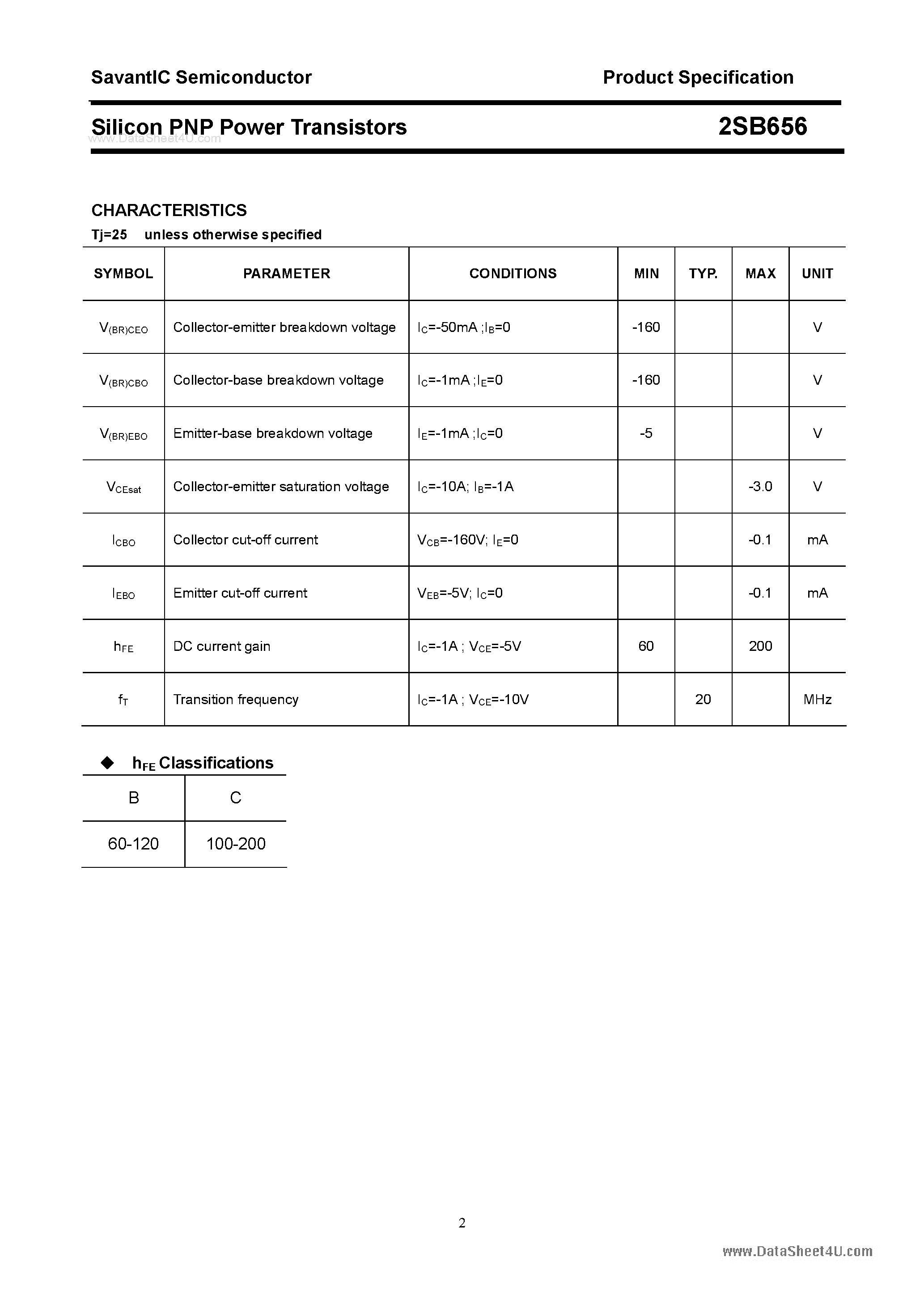 Datasheet 2SB656 page 2 Datasheet 2SB656 - SILICON POWER TRANSISTOR page 2