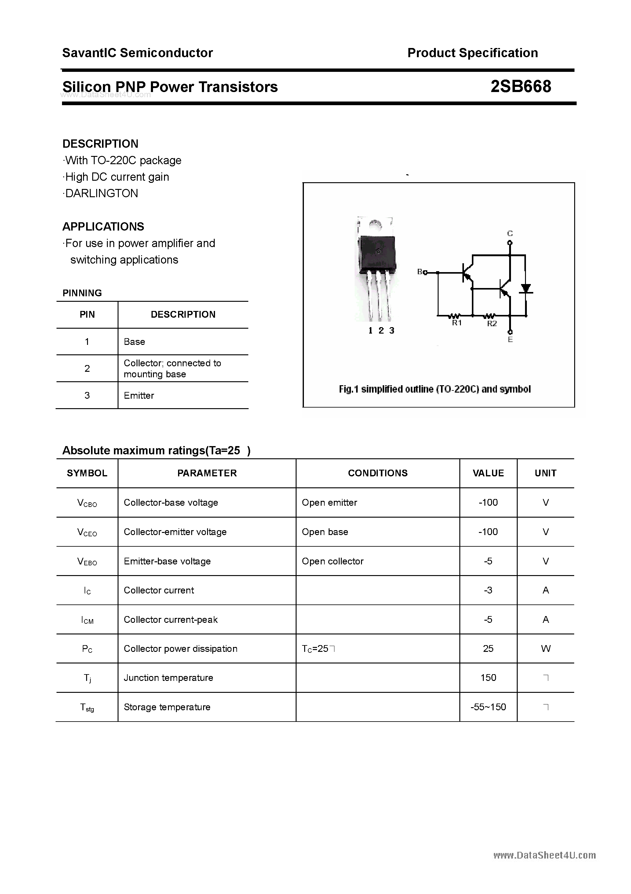 Datasheet 2SB668 - SILICON POWER TRANSISTOR page 1