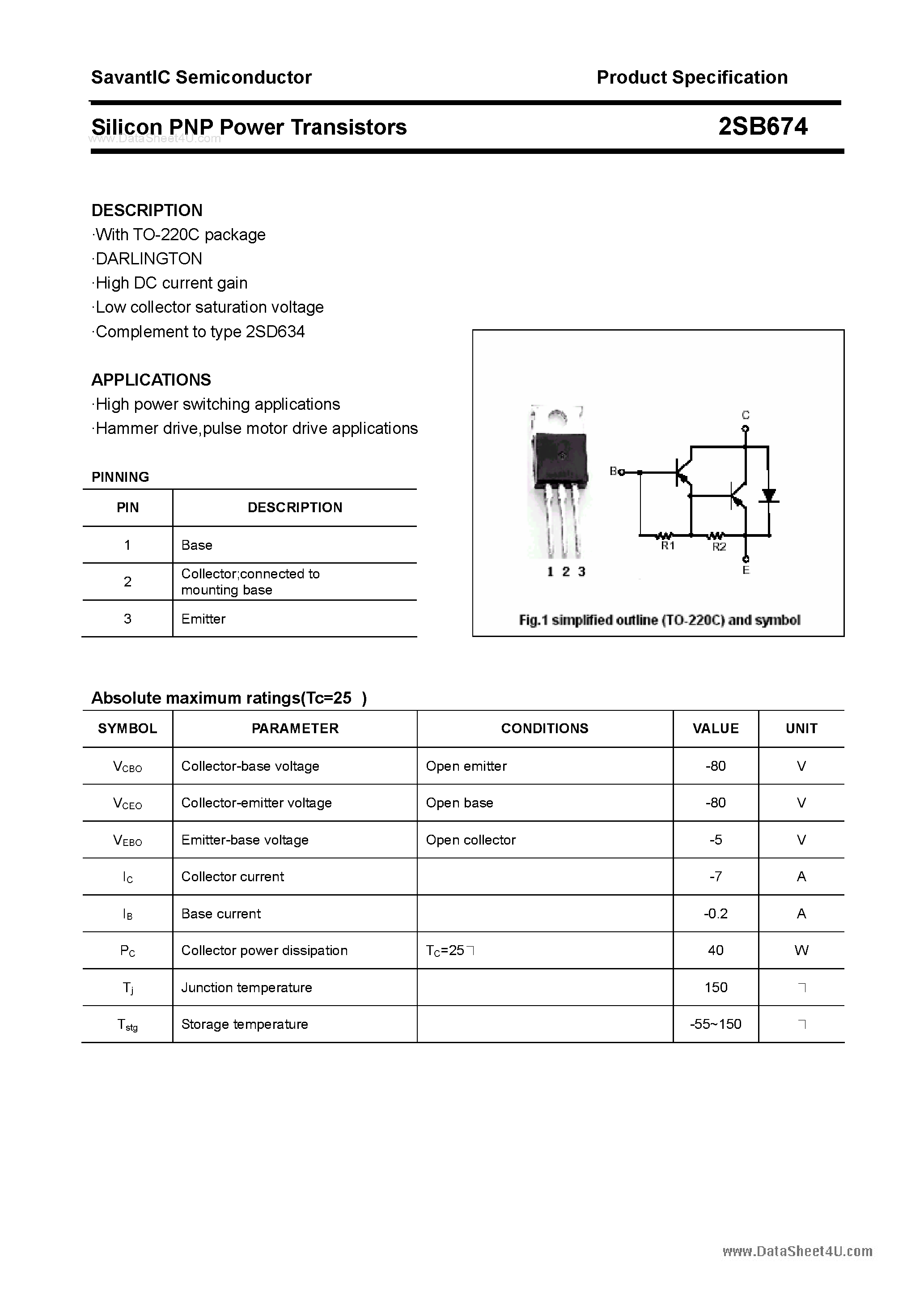 Datasheet 2SB674 - SILICON POWER TRANSISTOR page 1