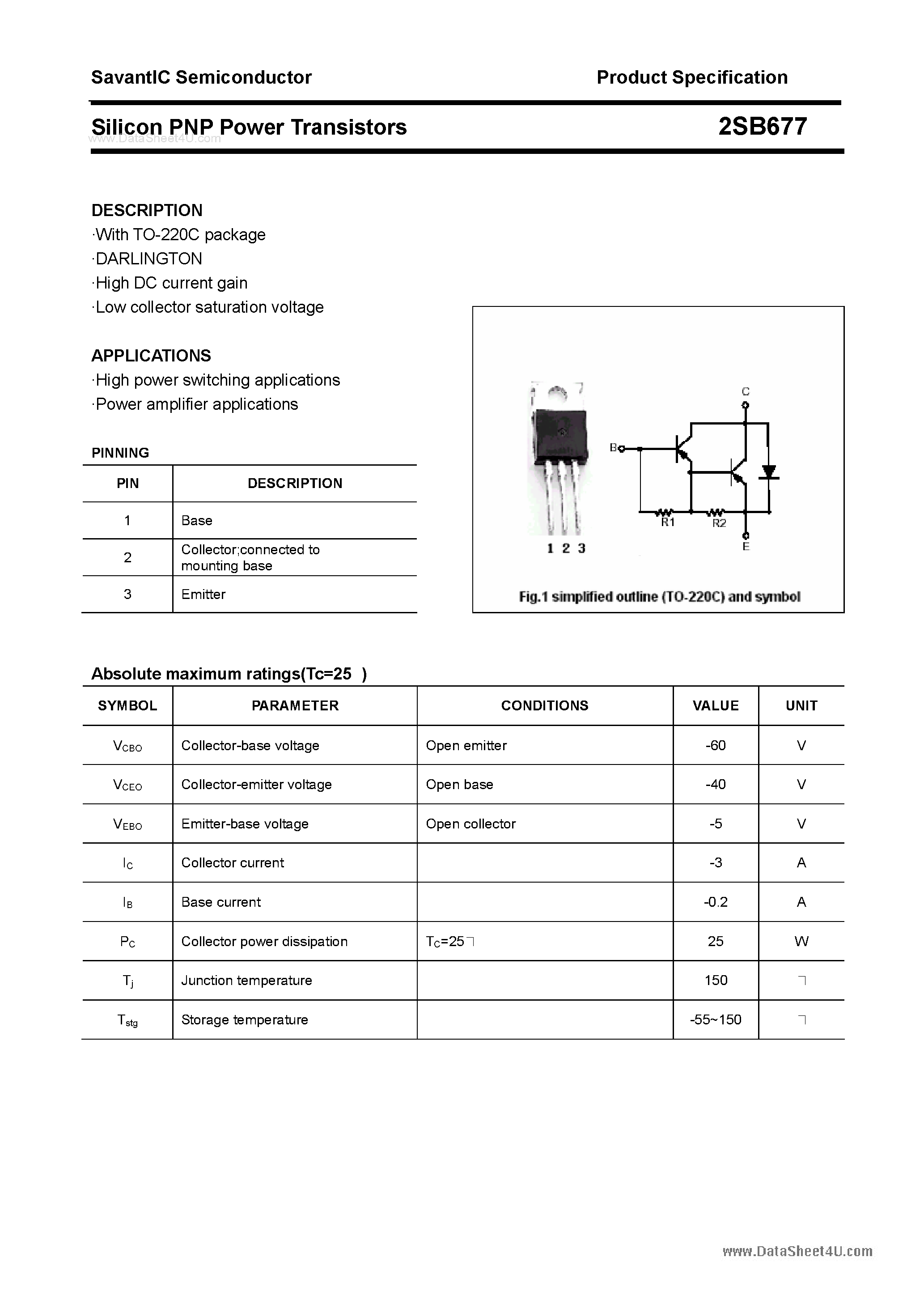 Datasheet 2SB677 page 1 Datasheet 2SB677 - SILICON POWER TRANSISTOR page 1