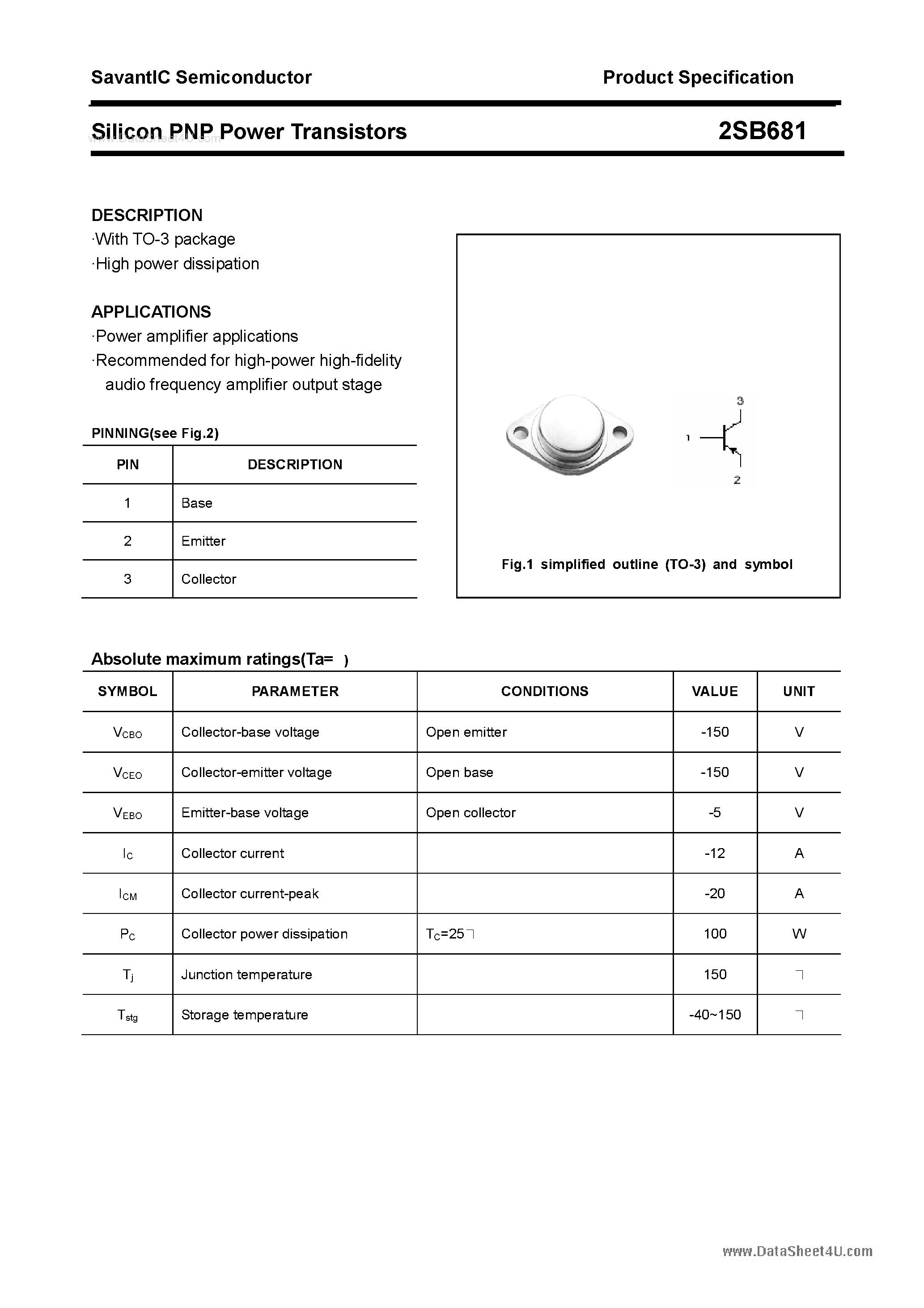 Datasheet 2SB681 - SILICON POWER TRANSISTOR page 1