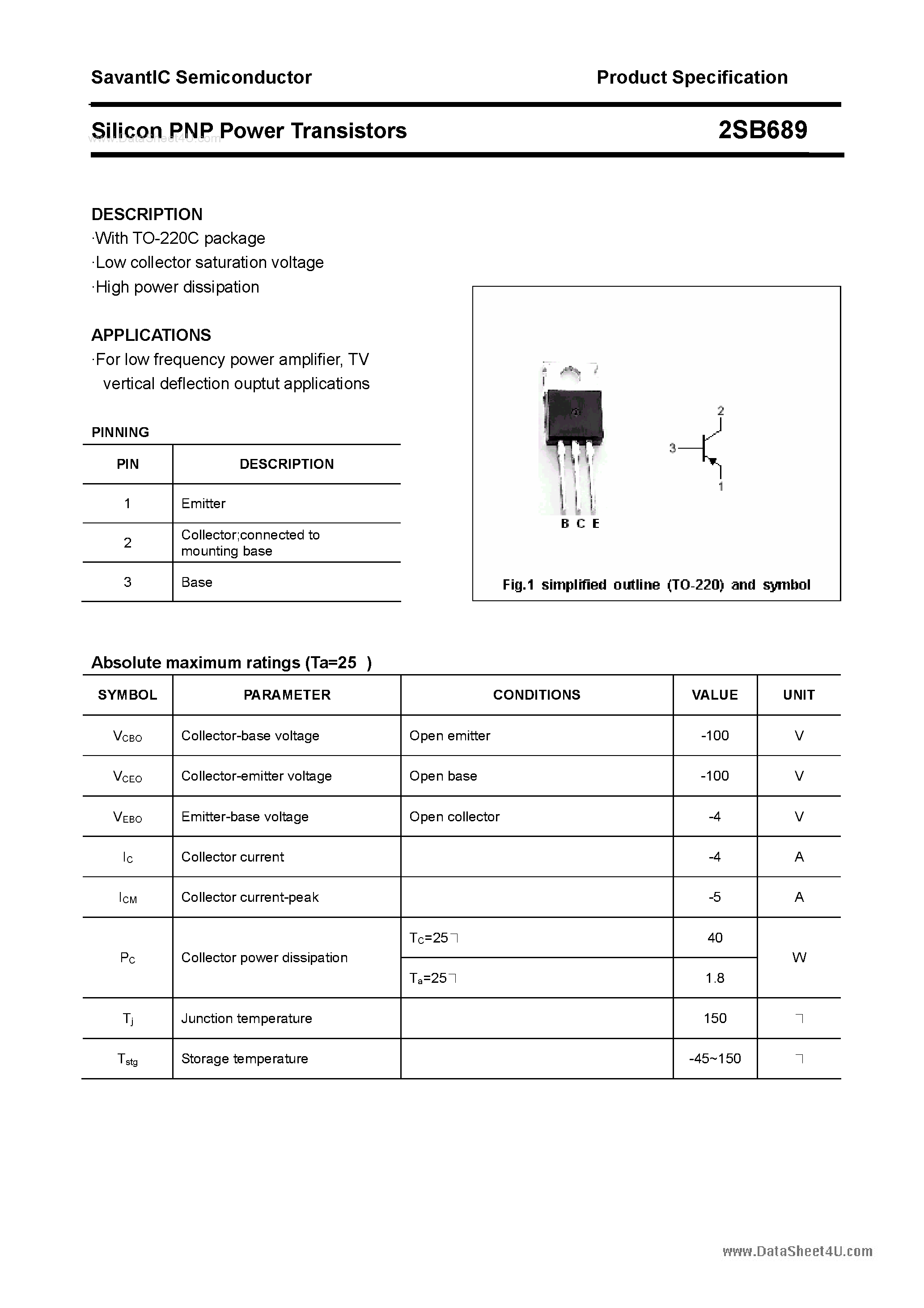 Datasheet 2SB689 page 1 Datasheet 2SB689 - SILICON POWER TRANSISTOR page 1