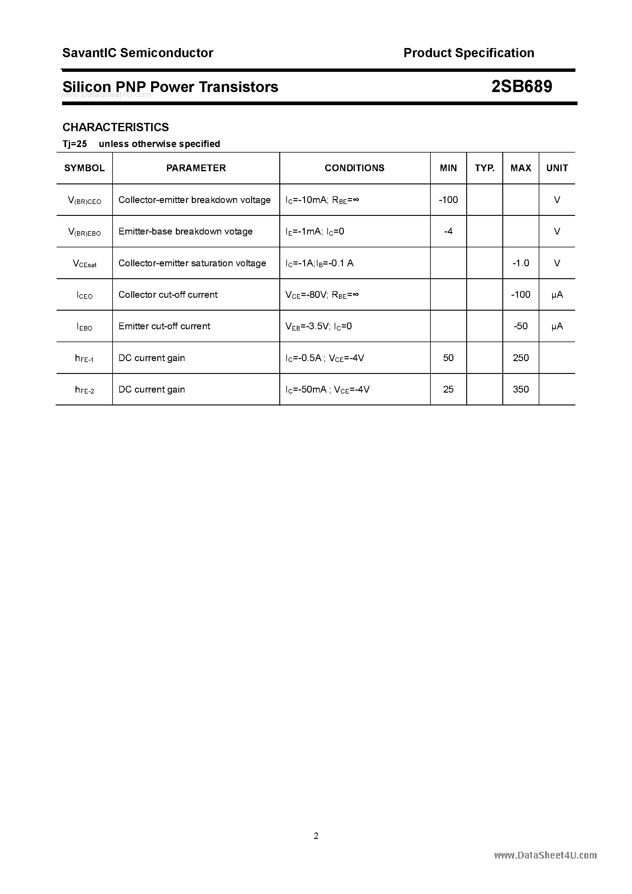 Datasheet 2SB689 page 2 Datasheet 2SB689 - SILICON POWER TRANSISTOR page 2