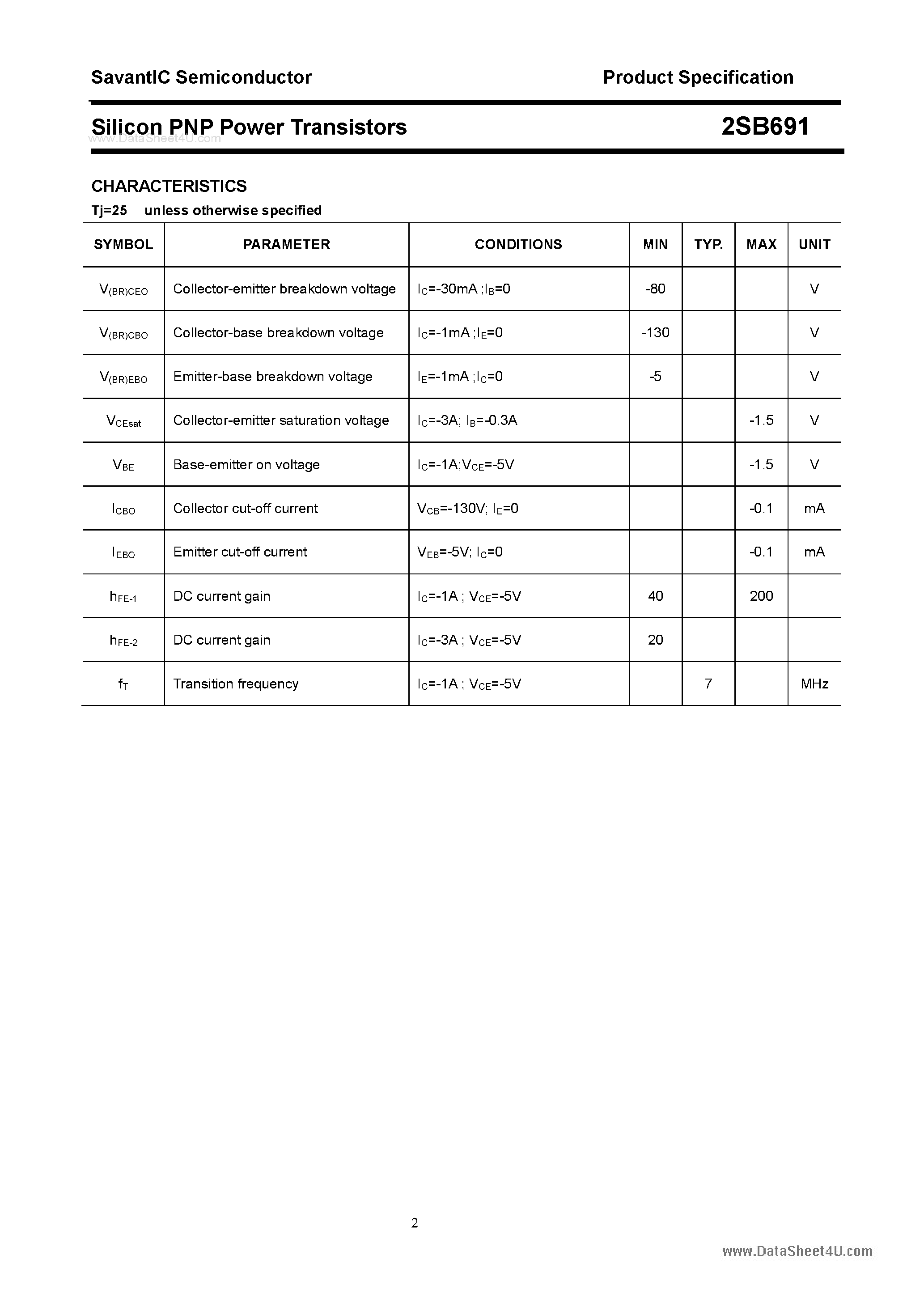 Datasheet 2SB691 page 2 Datasheet 2SB691 - SILICON POWER TRANSISTOR page 2