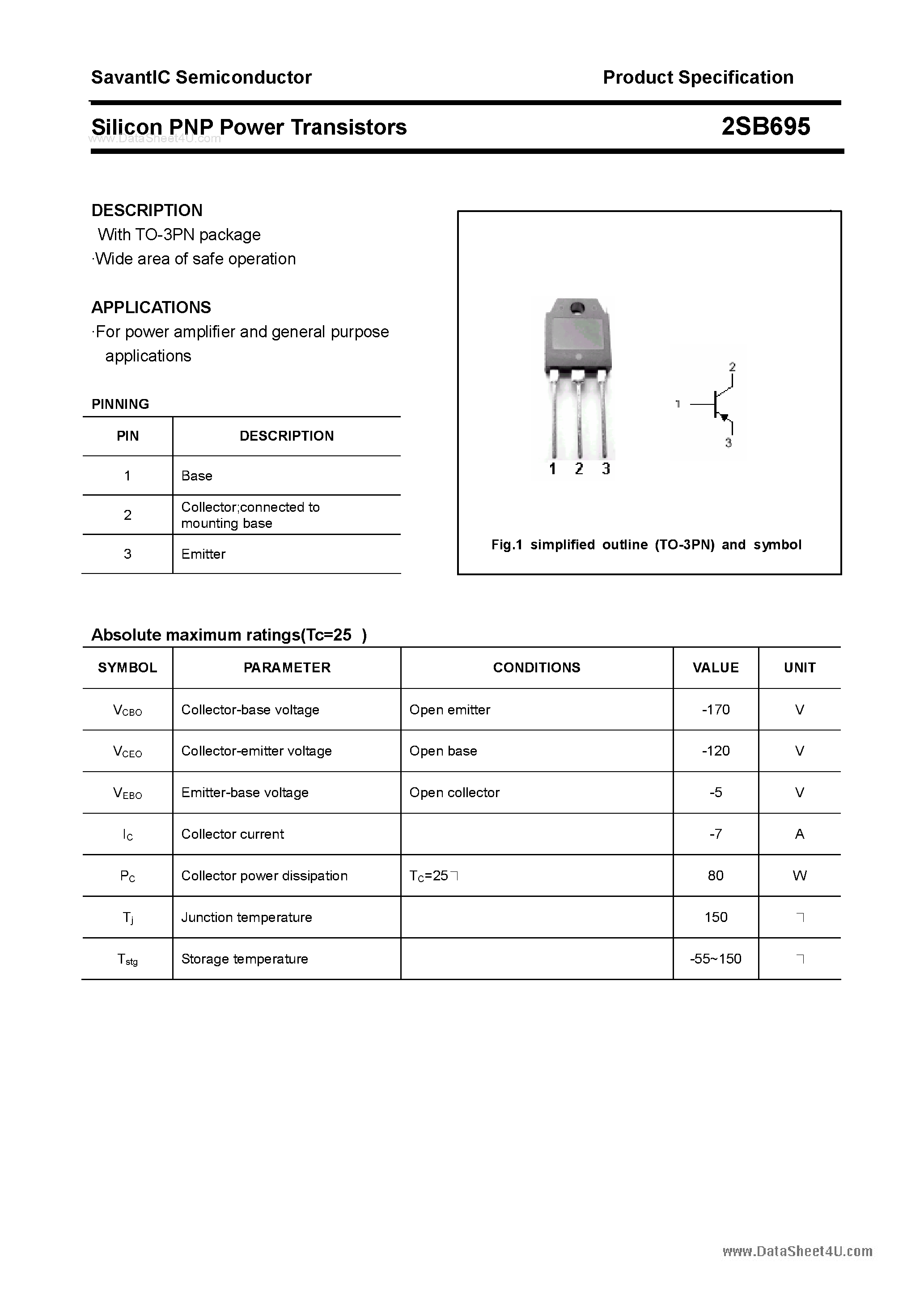 Datasheet 2SB695 page 1 Datasheet 2SB695 - SILICON POWER TRANSISTOR page 1