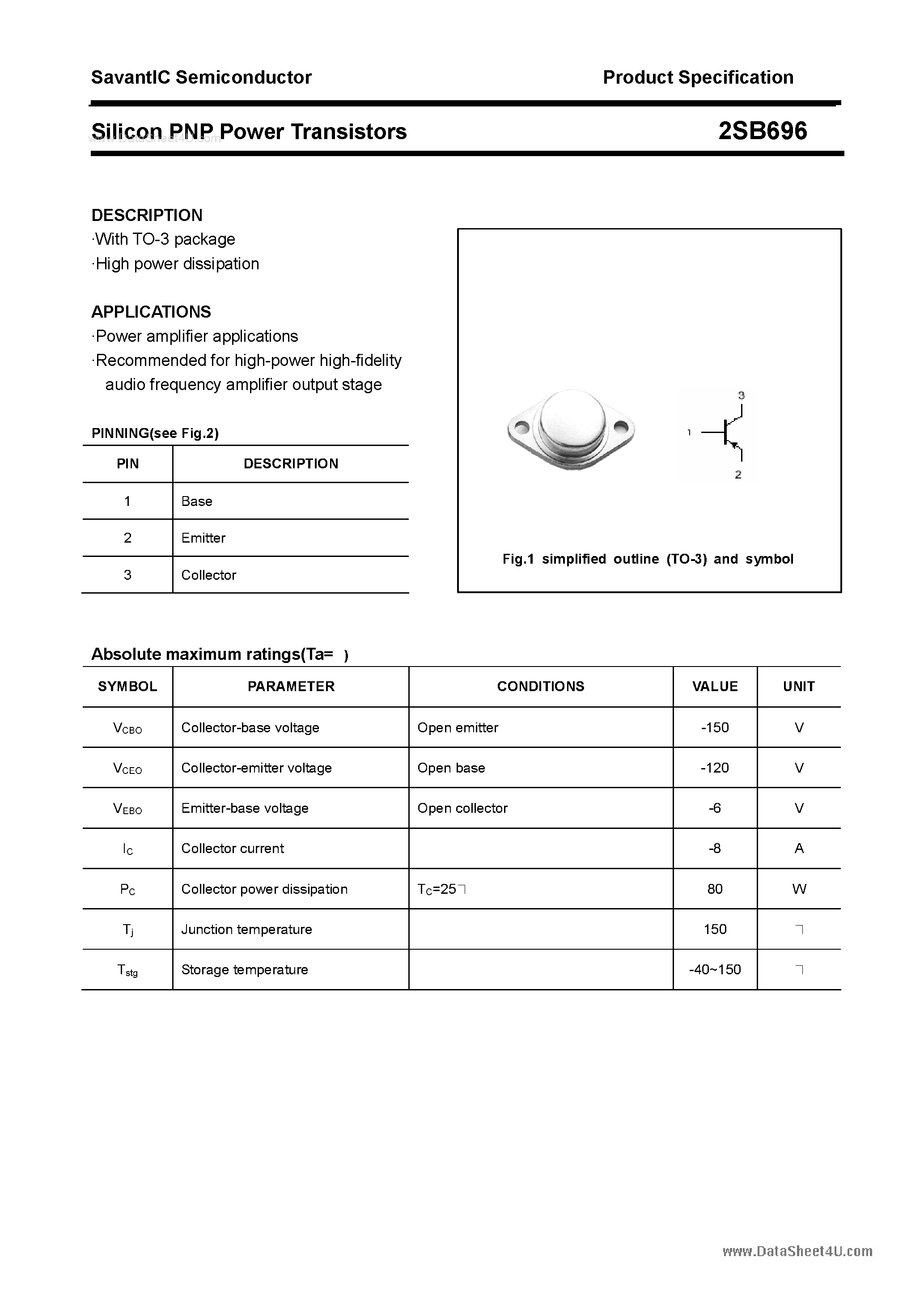 Datasheet 2SB696 page 1 Datasheet 2SB696 - SILICON POWER TRANSISTOR page 1