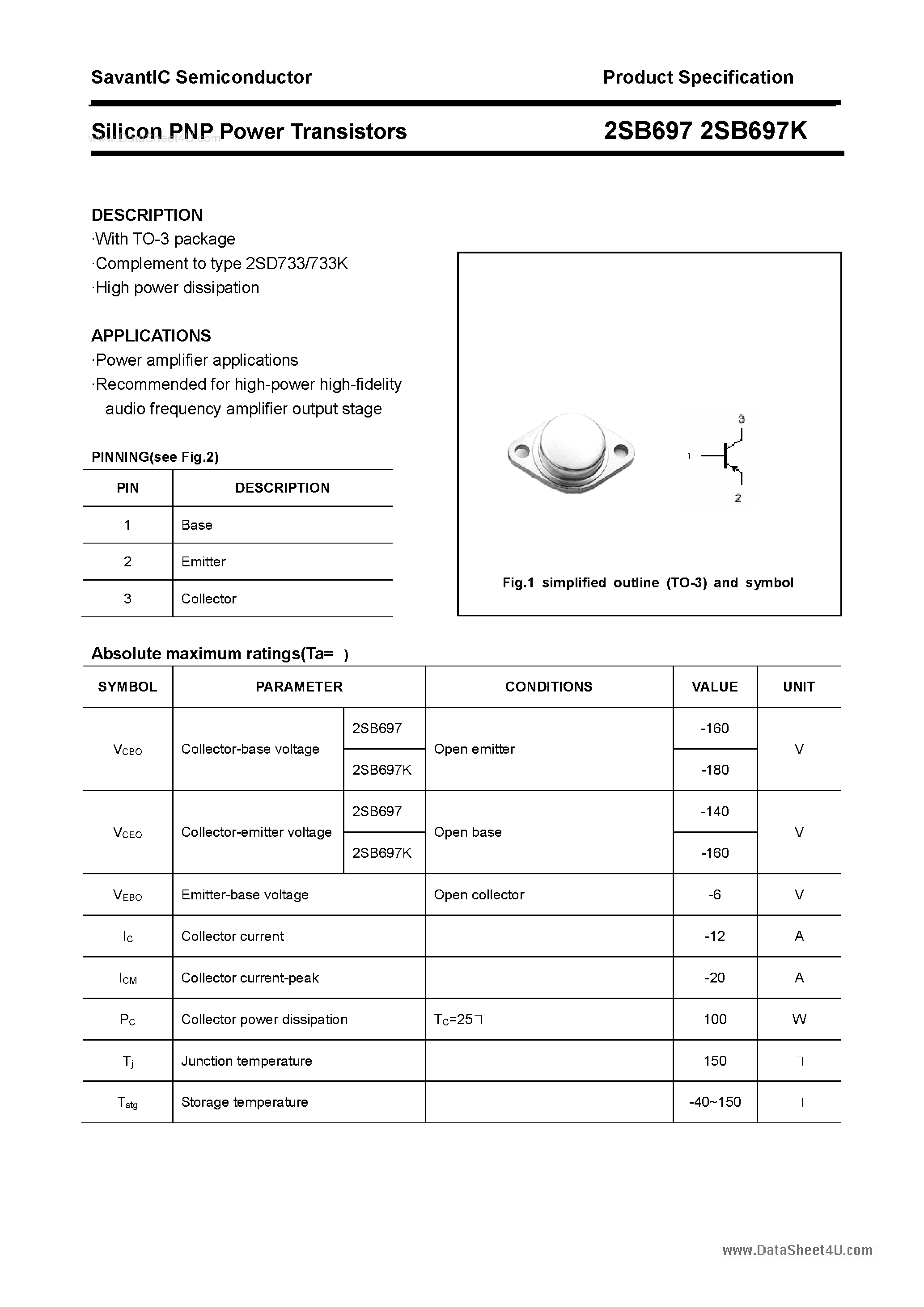 Datasheet 2SB697 page 1 Datasheet 2SB697 - SILICON POWER TRANSISTOR page 1