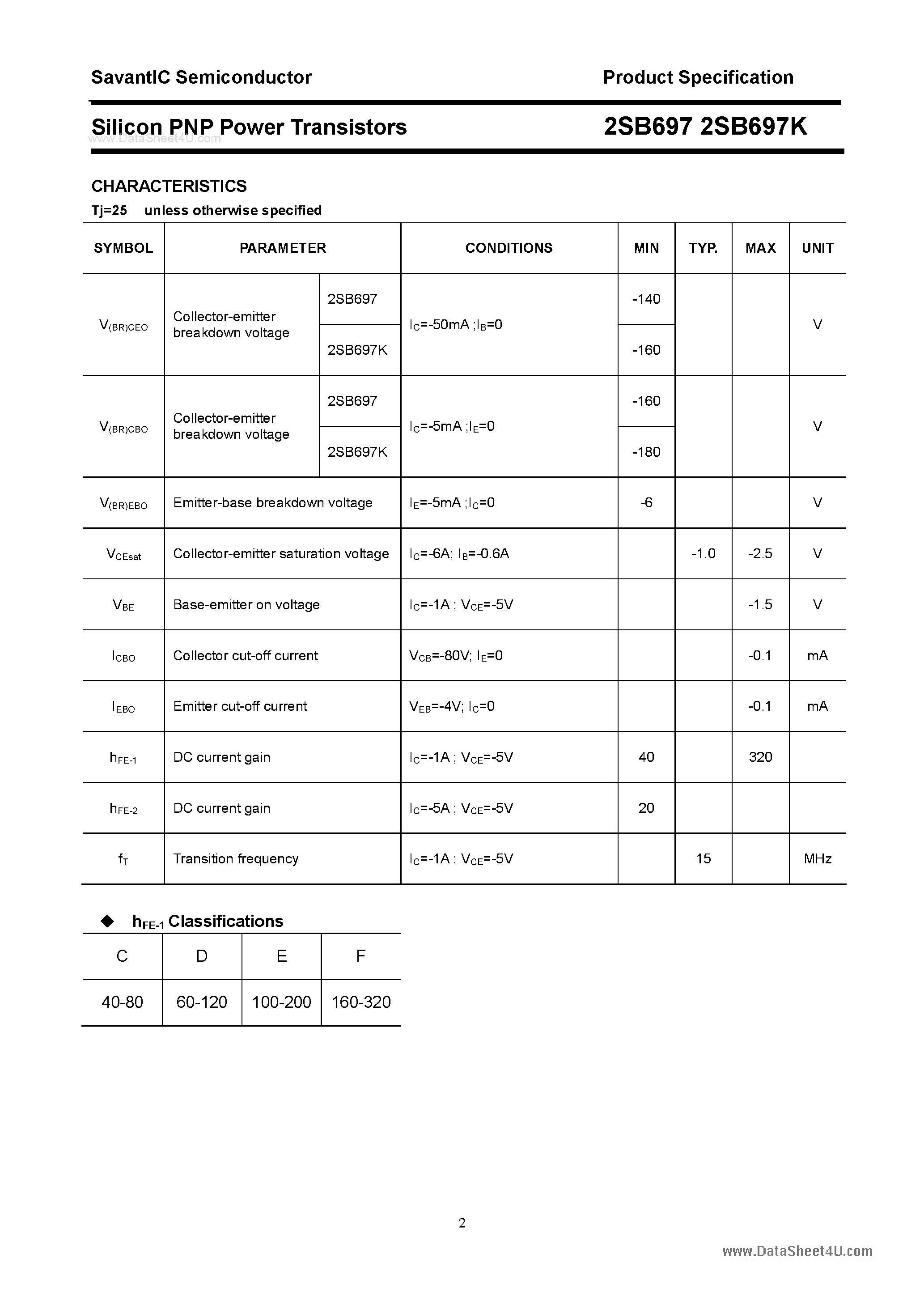Datasheet 2SB697 page 2 Datasheet 2SB697 - SILICON POWER TRANSISTOR page 2