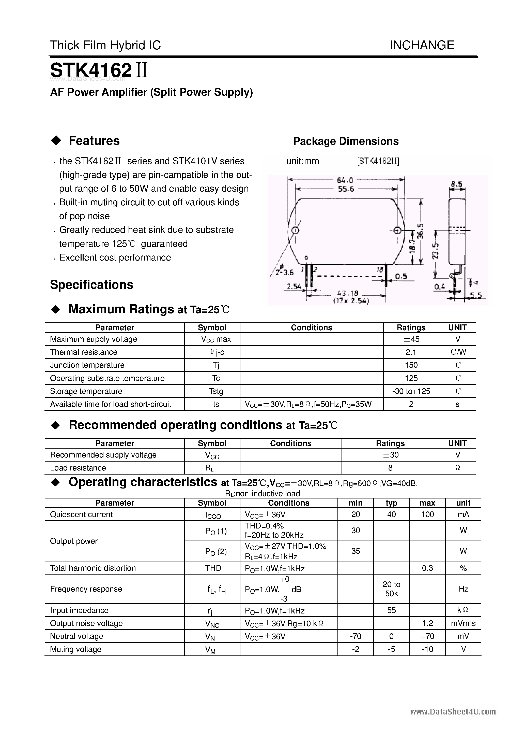 Datasheet STK4162II page 1 Datasheet STK4162II - AF Power Amplifier page 1