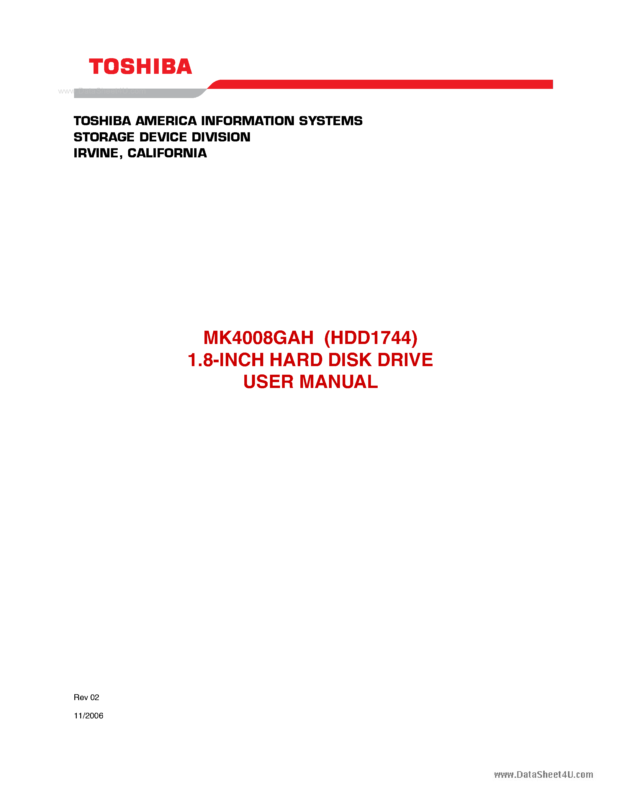 Datasheet MK4008GAH - 1.8-Inch Hard Disk Drive User Manual page 1