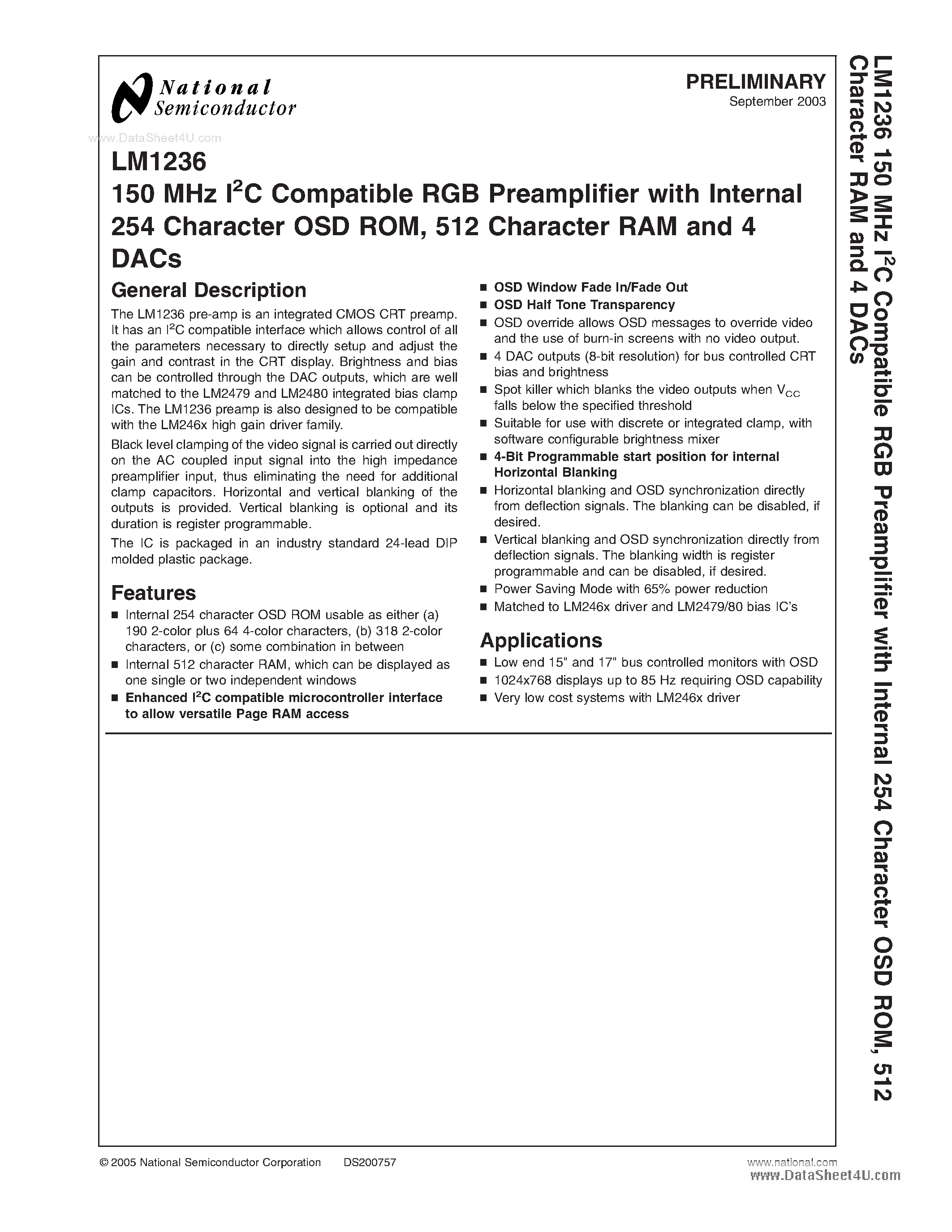 Datasheet LM1236 - 150 MHz I2C Compatible RGB Preamplifier page 1