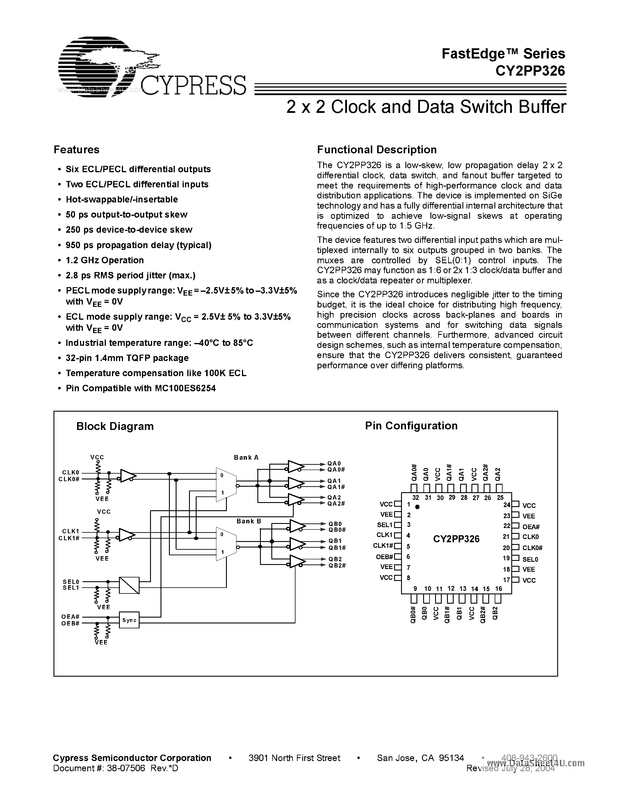 Datasheet CY2PP326 page 1 Datasheet CY2PP326 - 2 x 2 Clock and Data Switch Buffer page 1