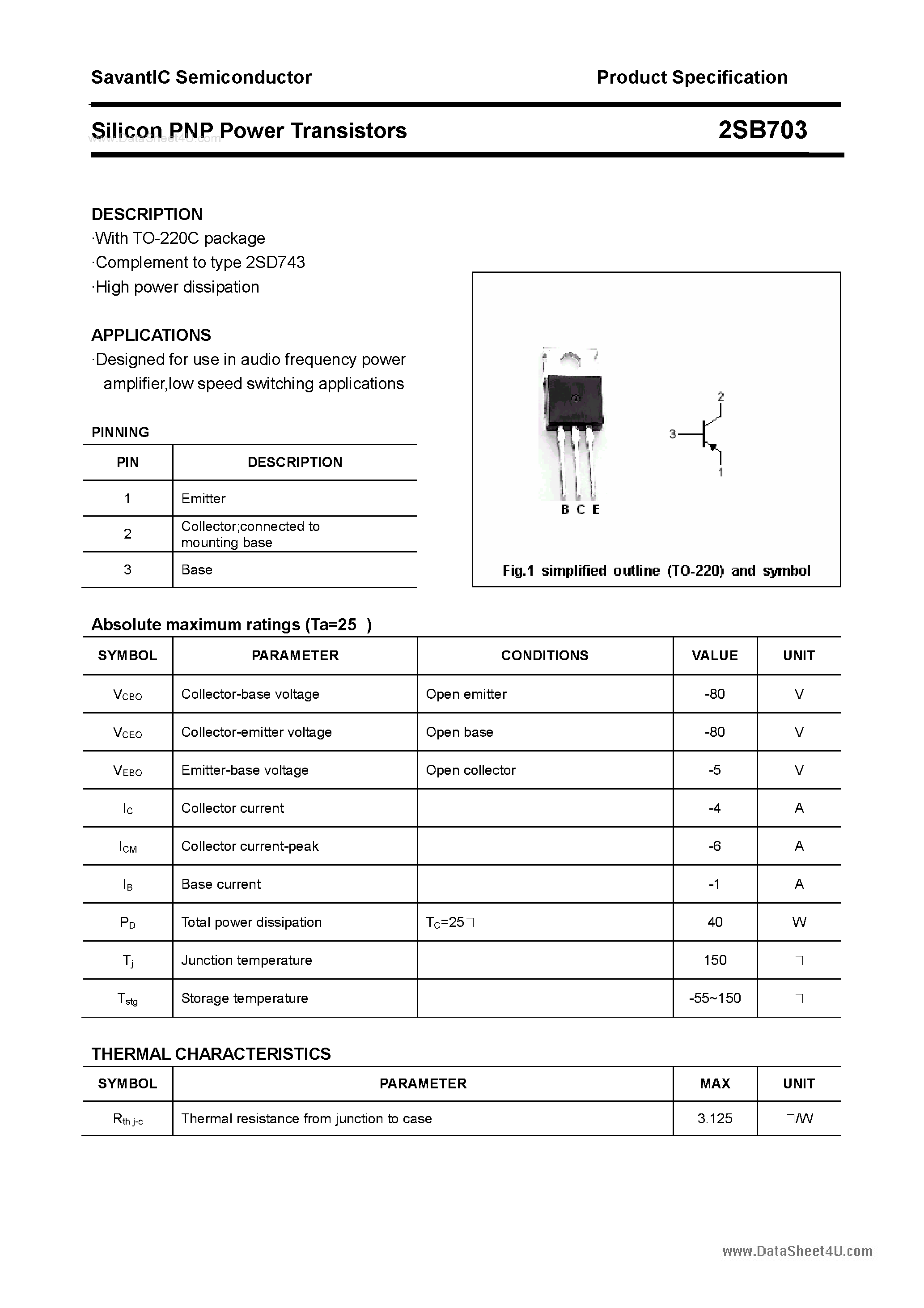 Datasheet 2SB703 page 1 Datasheet 2SB703 - SILICON POWER TRANSISTOR page 1
