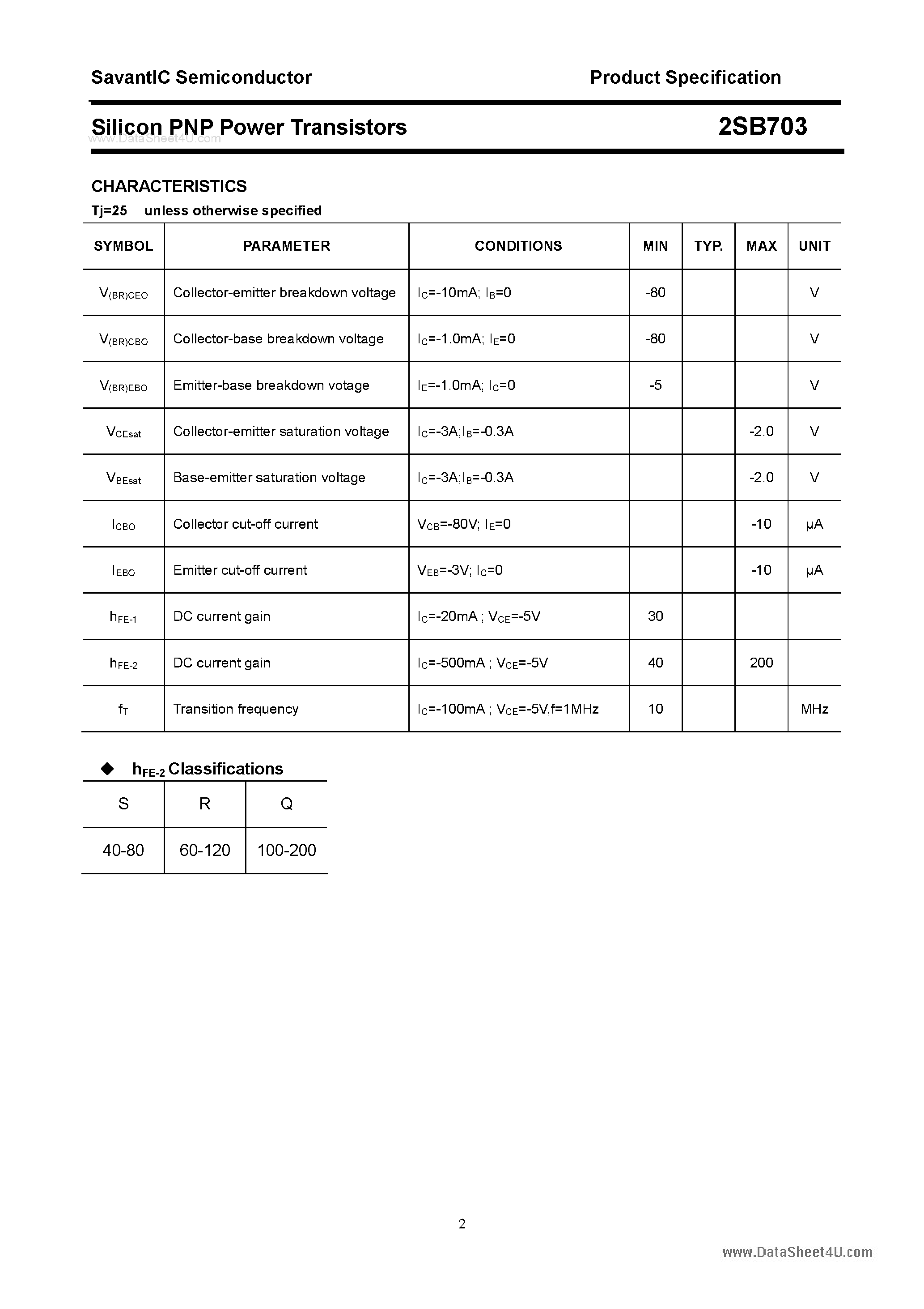 Datasheet 2SB703 page 2 Datasheet 2SB703 - SILICON POWER TRANSISTOR page 2