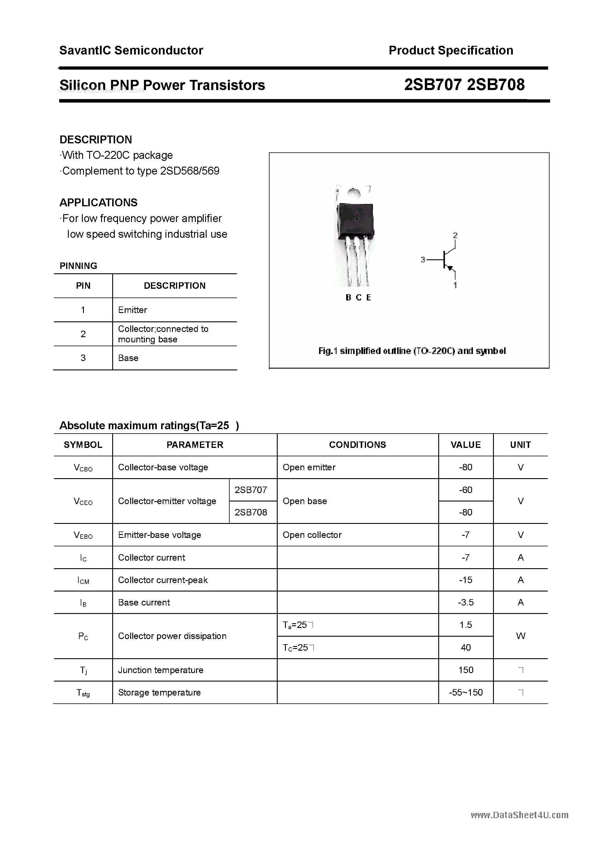 Datasheet 2SB707 page 1 Datasheet 2SB707 - (2SB707 / 2SB708) SILICON POWER TRANSISTOR page 1