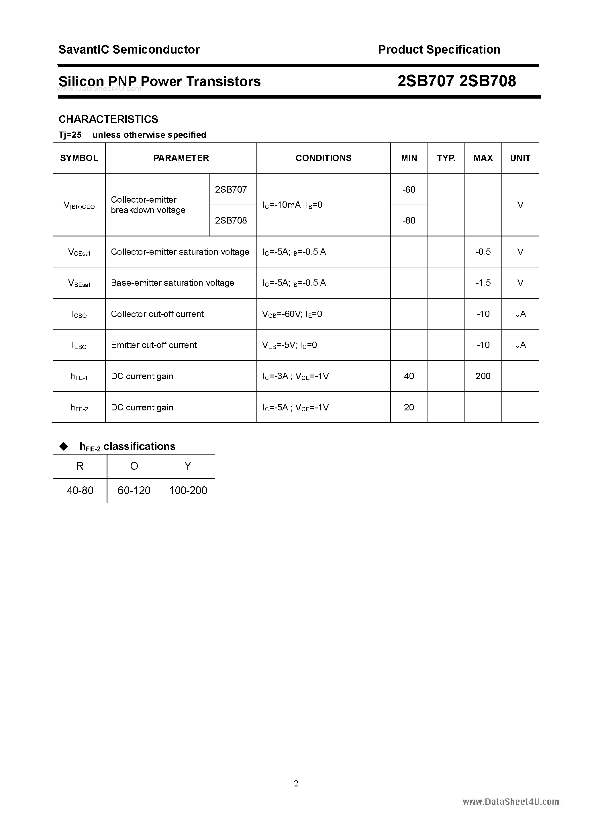 Datasheet 2SB707 page 2 Datasheet 2SB707 - (2SB707 / 2SB708) SILICON POWER TRANSISTOR page 2