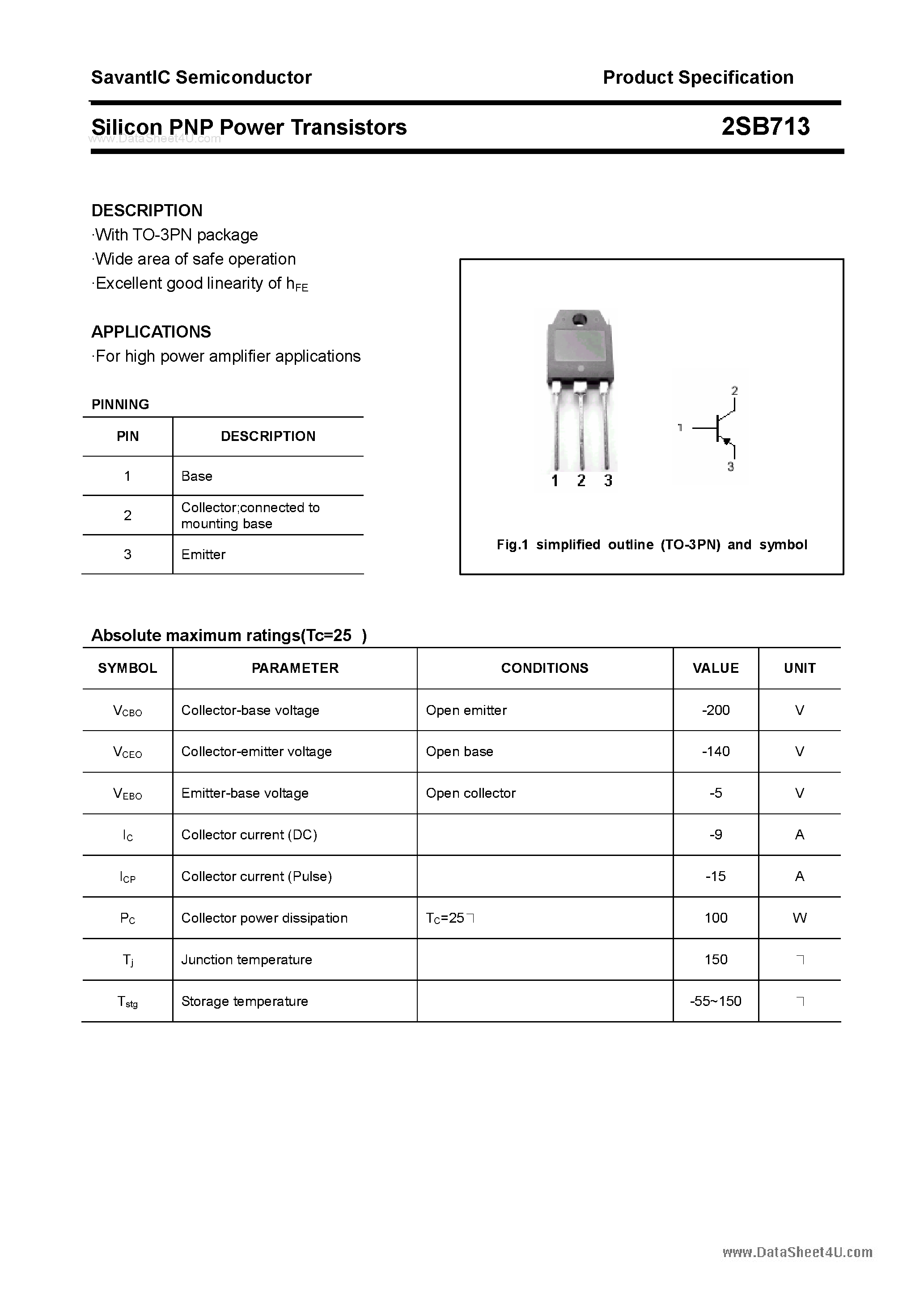 Даташит 2SB713 - SILICON POWER TRANSISTOR страница 1
