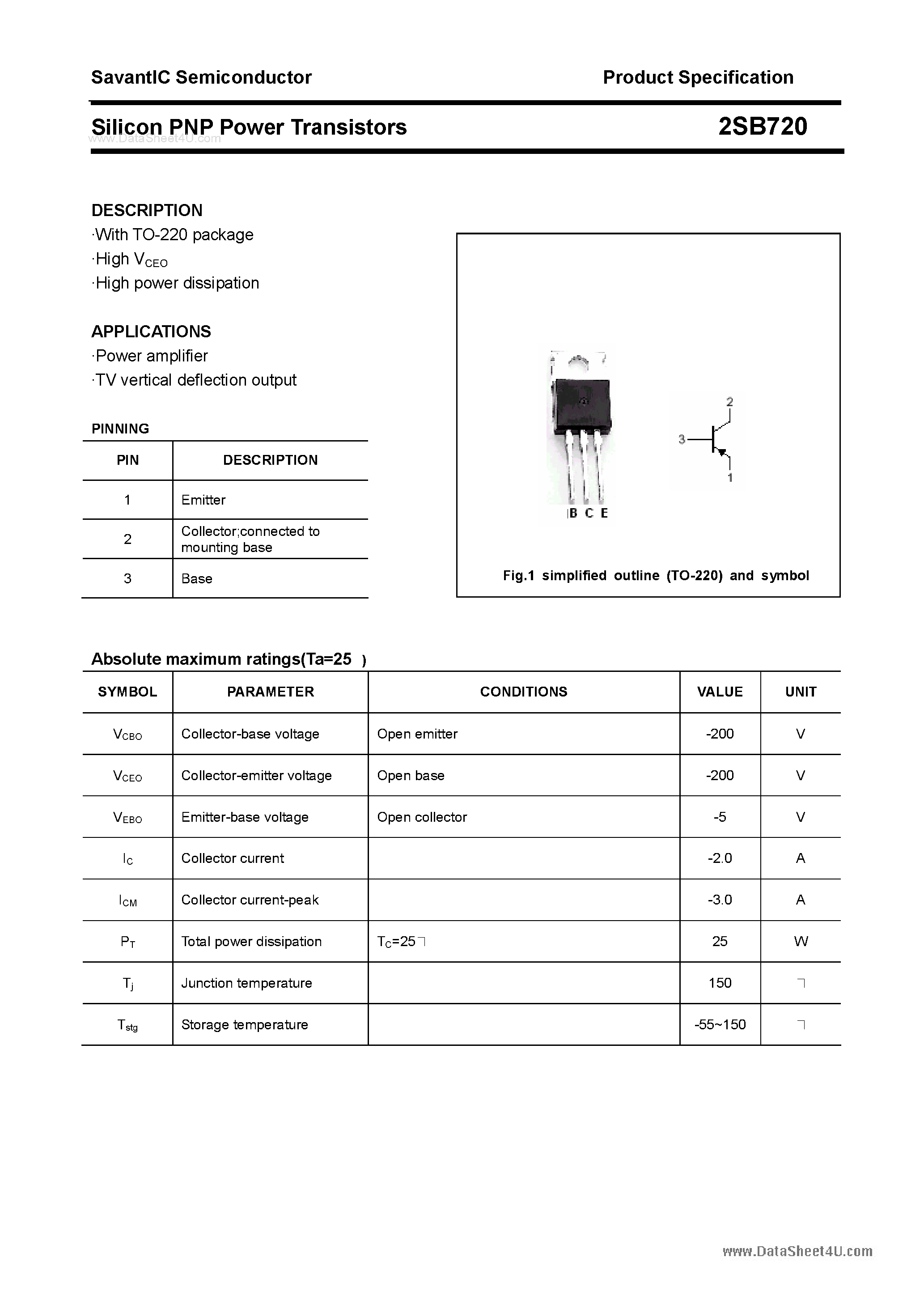 Даташит 2SB720 - SILICON POWER TRANSISTOR страница 1