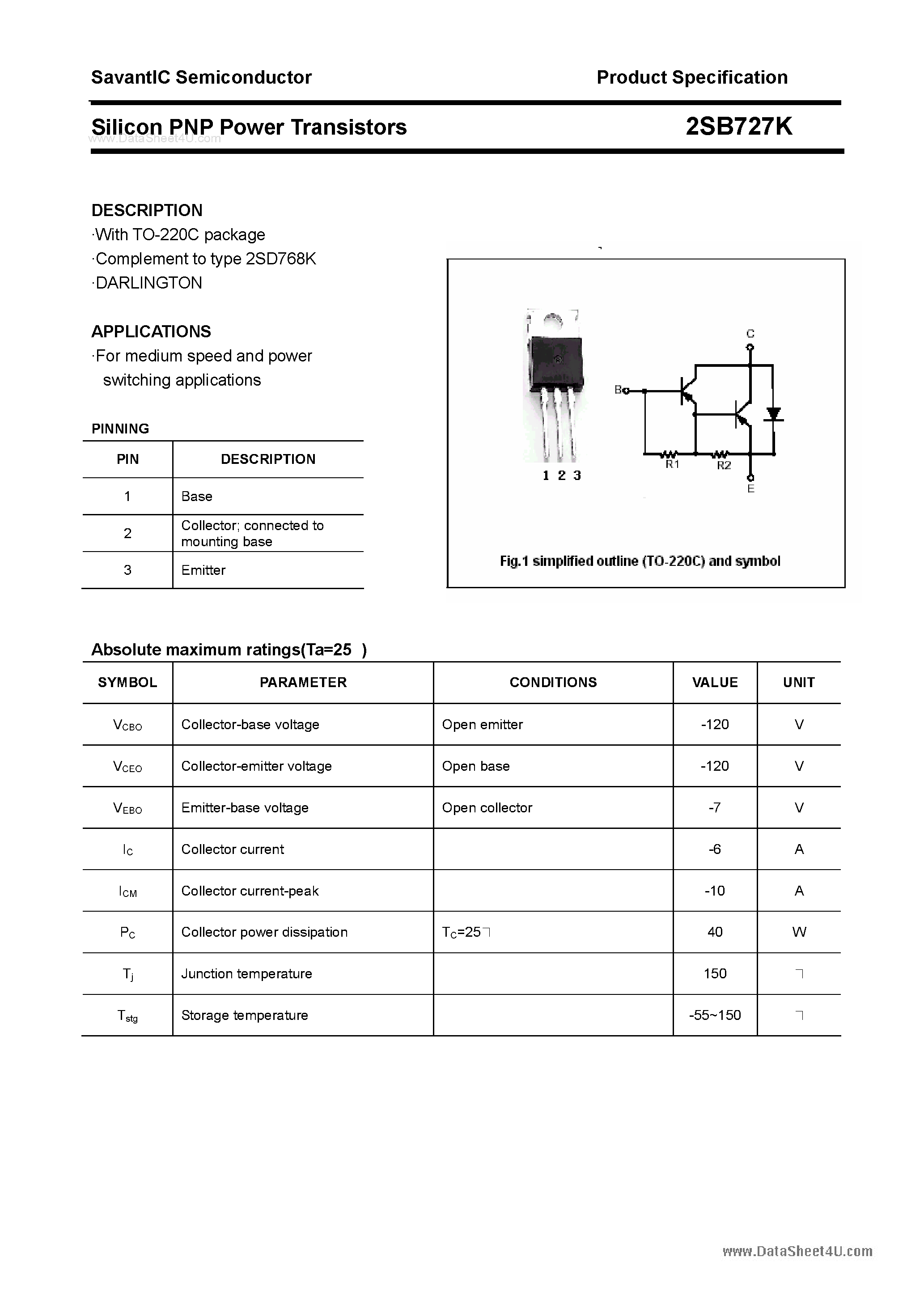 Даташит 2SB727K - SILICON POWER TRANSISTOR страница 1