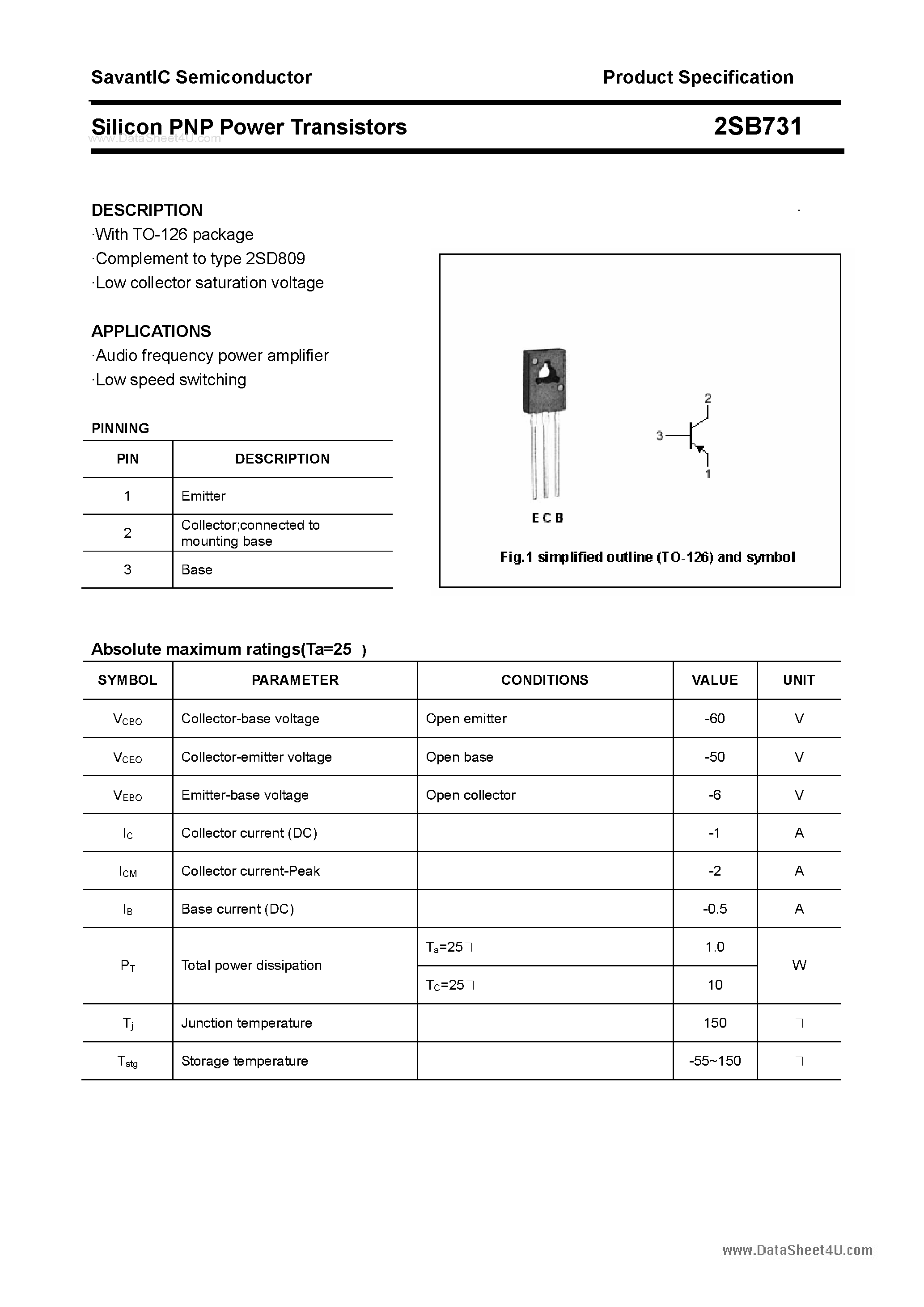 Даташит 2SB731 - SILICON POWER TRANSISTOR страница 1