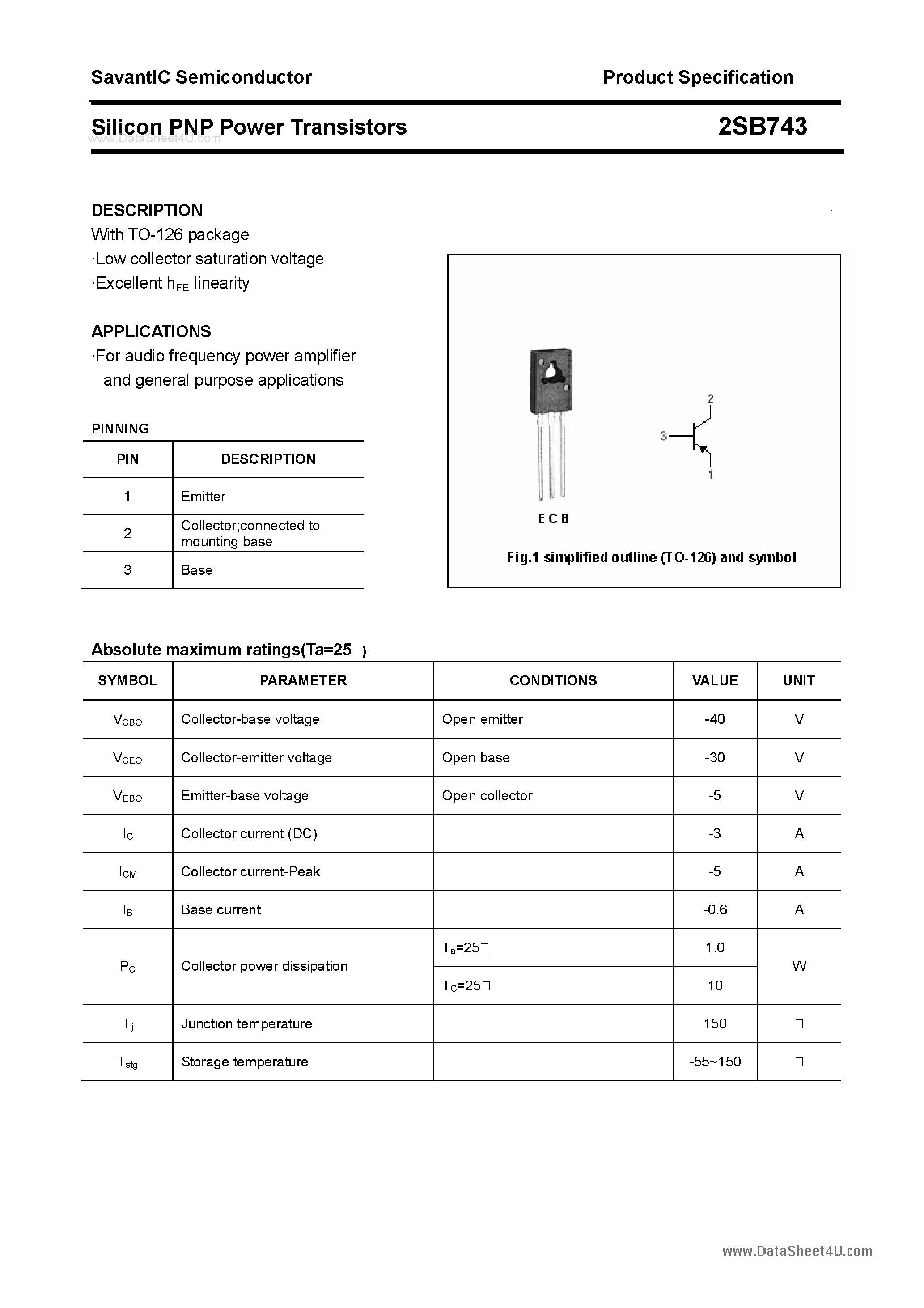Даташит 2SB743 - SILICON POWER TRANSISTOR страница 1