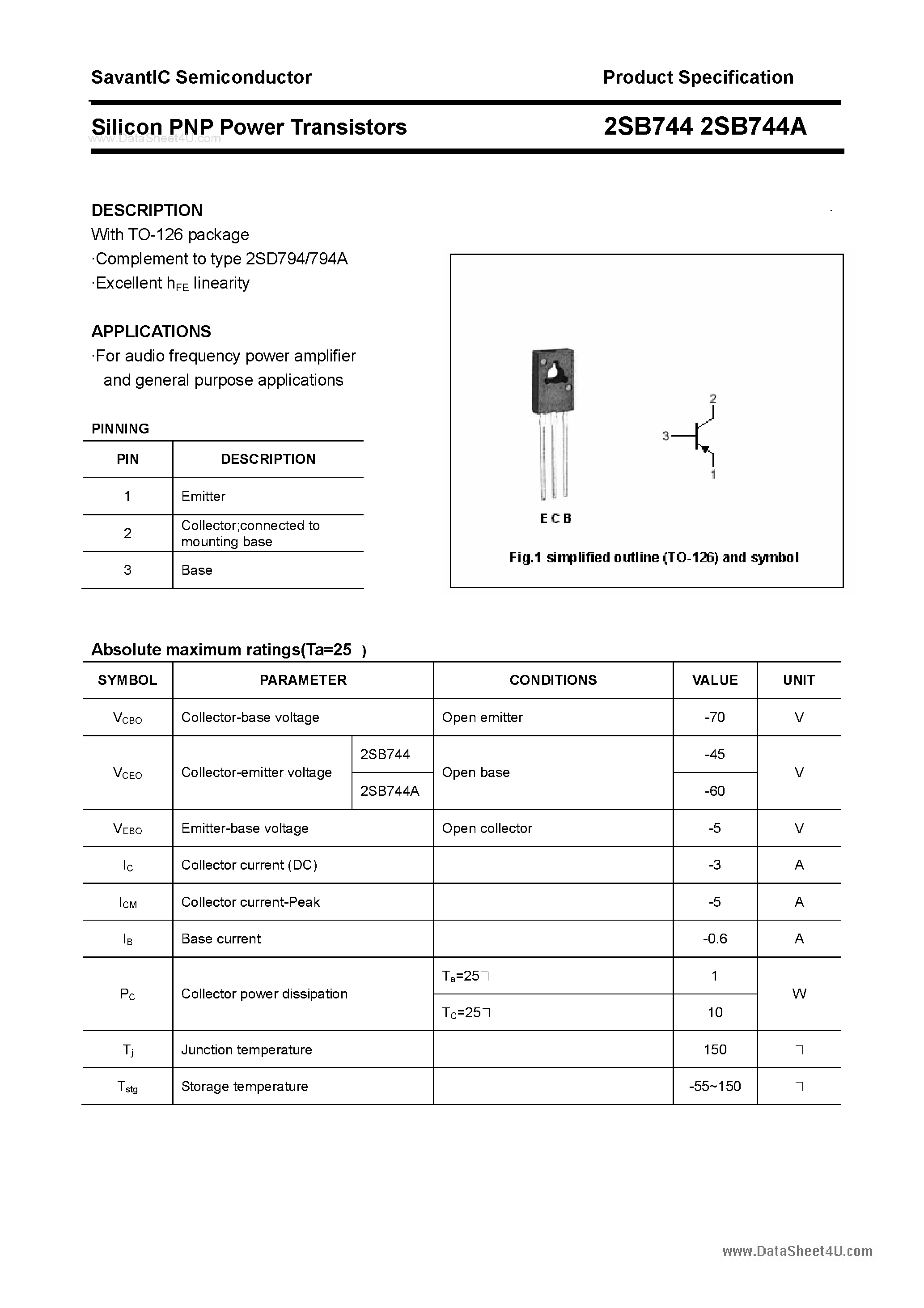 Даташит 2SB744 - SILICON POWER TRANSISTOR страница 1
