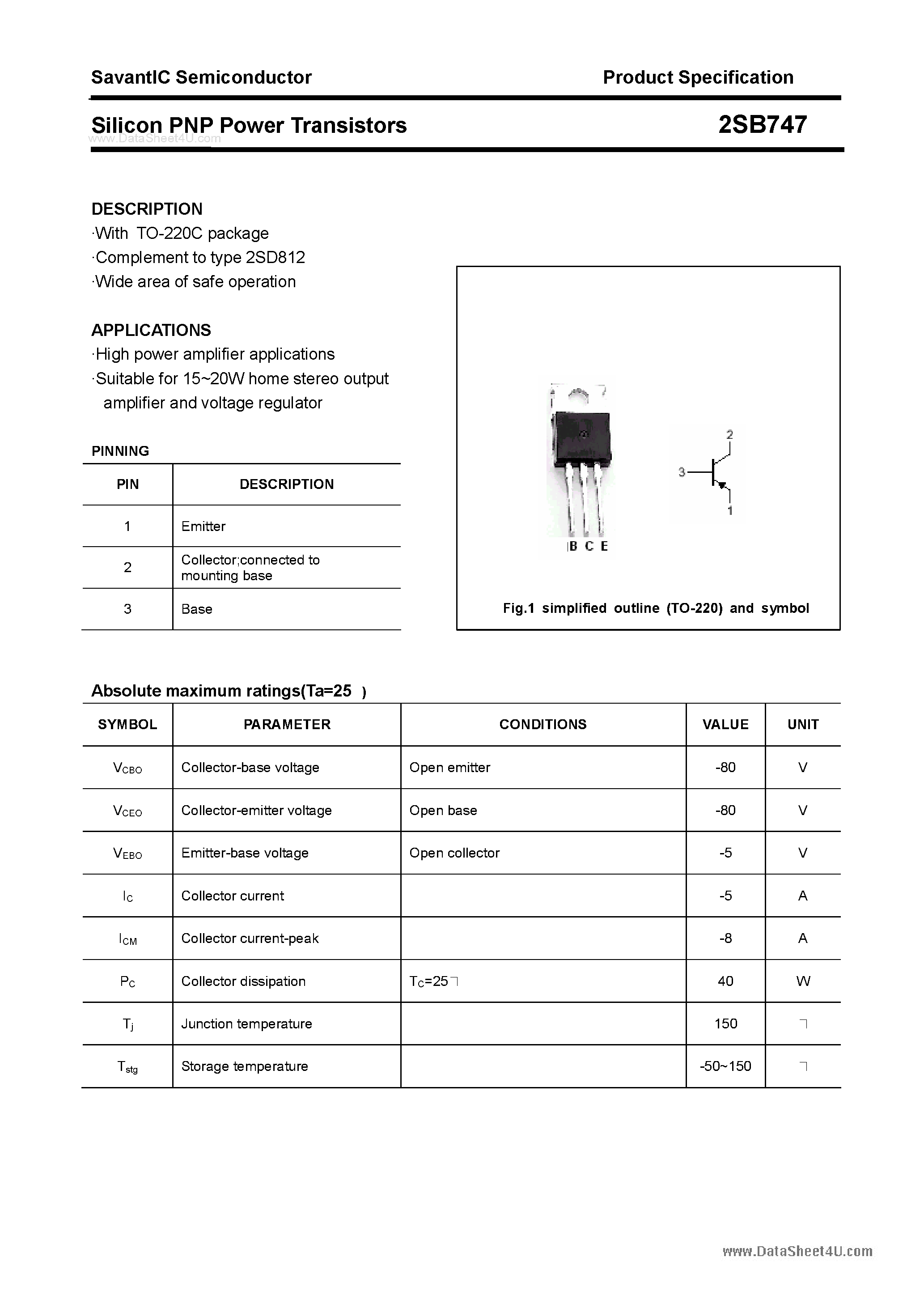 Даташит 2SB747 - SILICON POWER TRANSISTOR страница 1