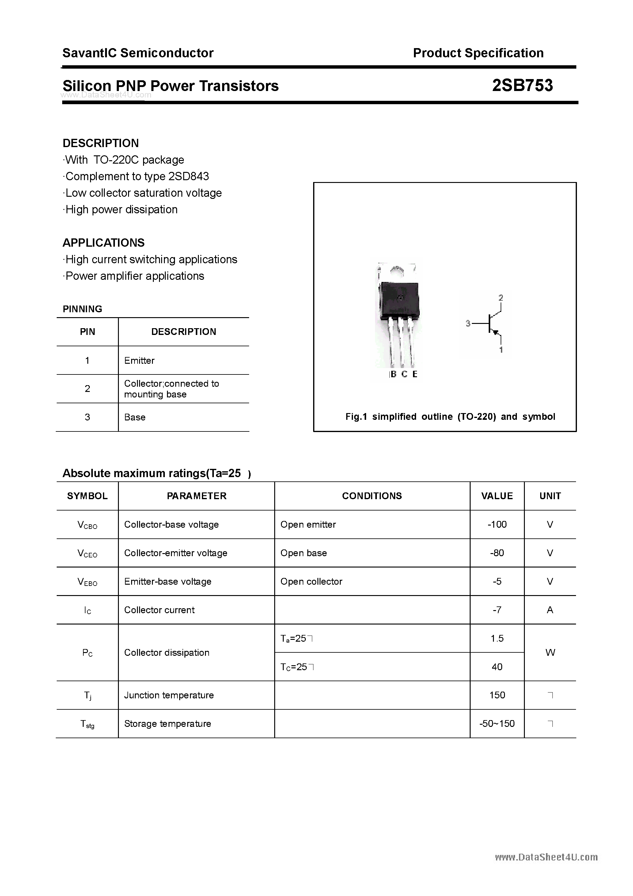 Даташит 2SB753 - SILICON POWER TRANSISTOR страница 1