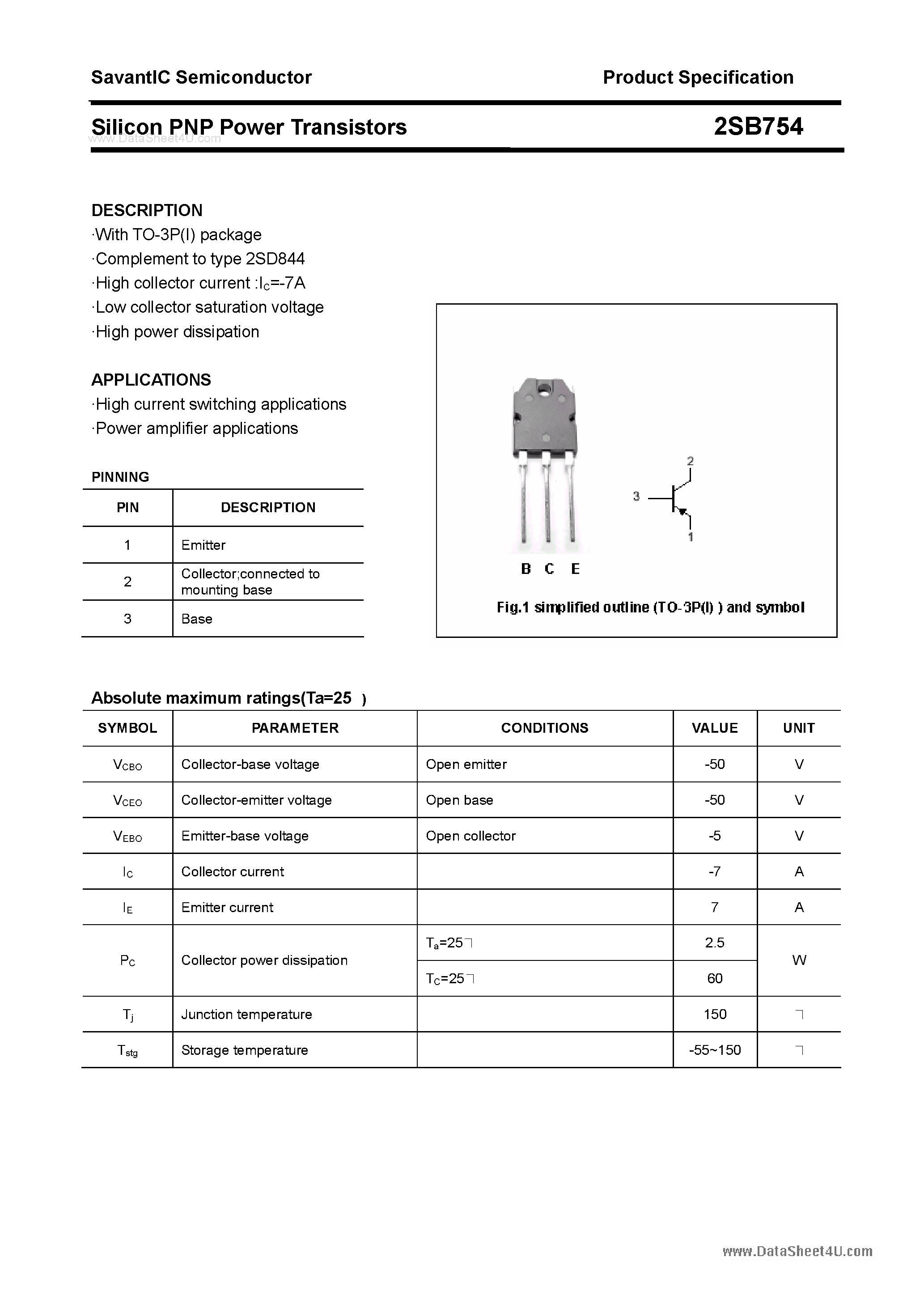 Даташит 2SB754 - SILICON POWER TRANSISTOR страница 1