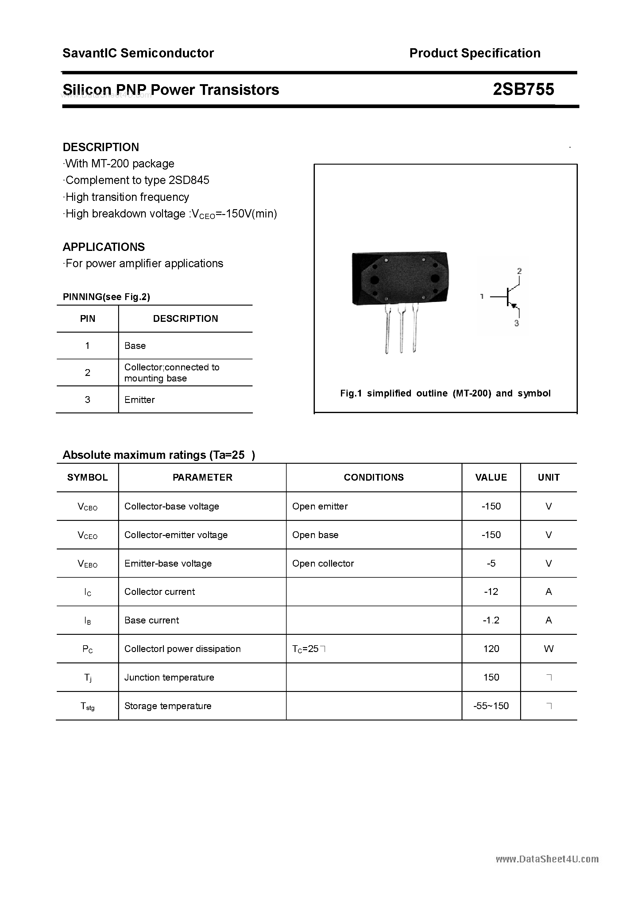 Даташит 2SB755 - SILICON POWER TRANSISTOR страница 1