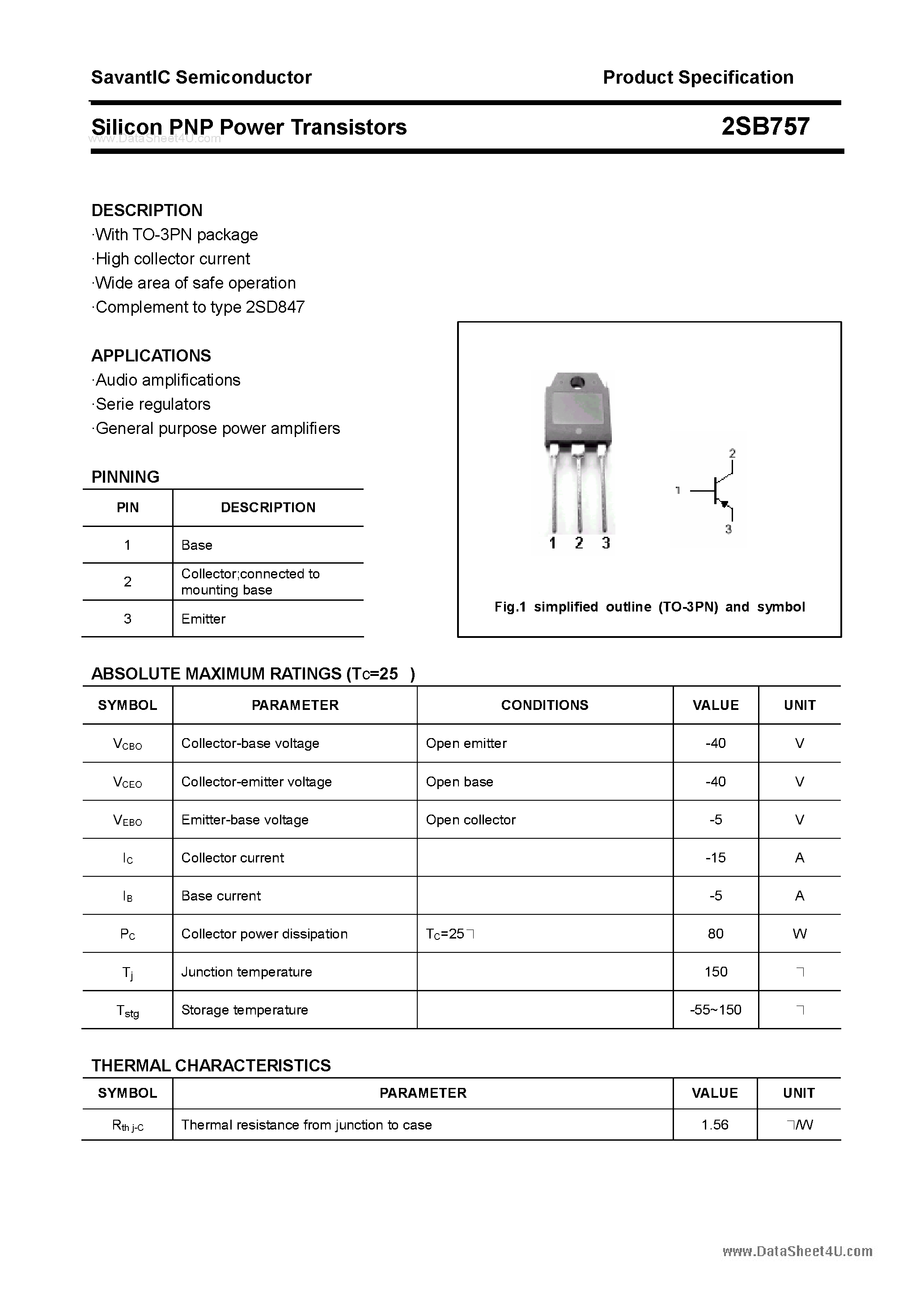 Даташит 2SB757 - SILICON POWER TRANSISTOR страница 1