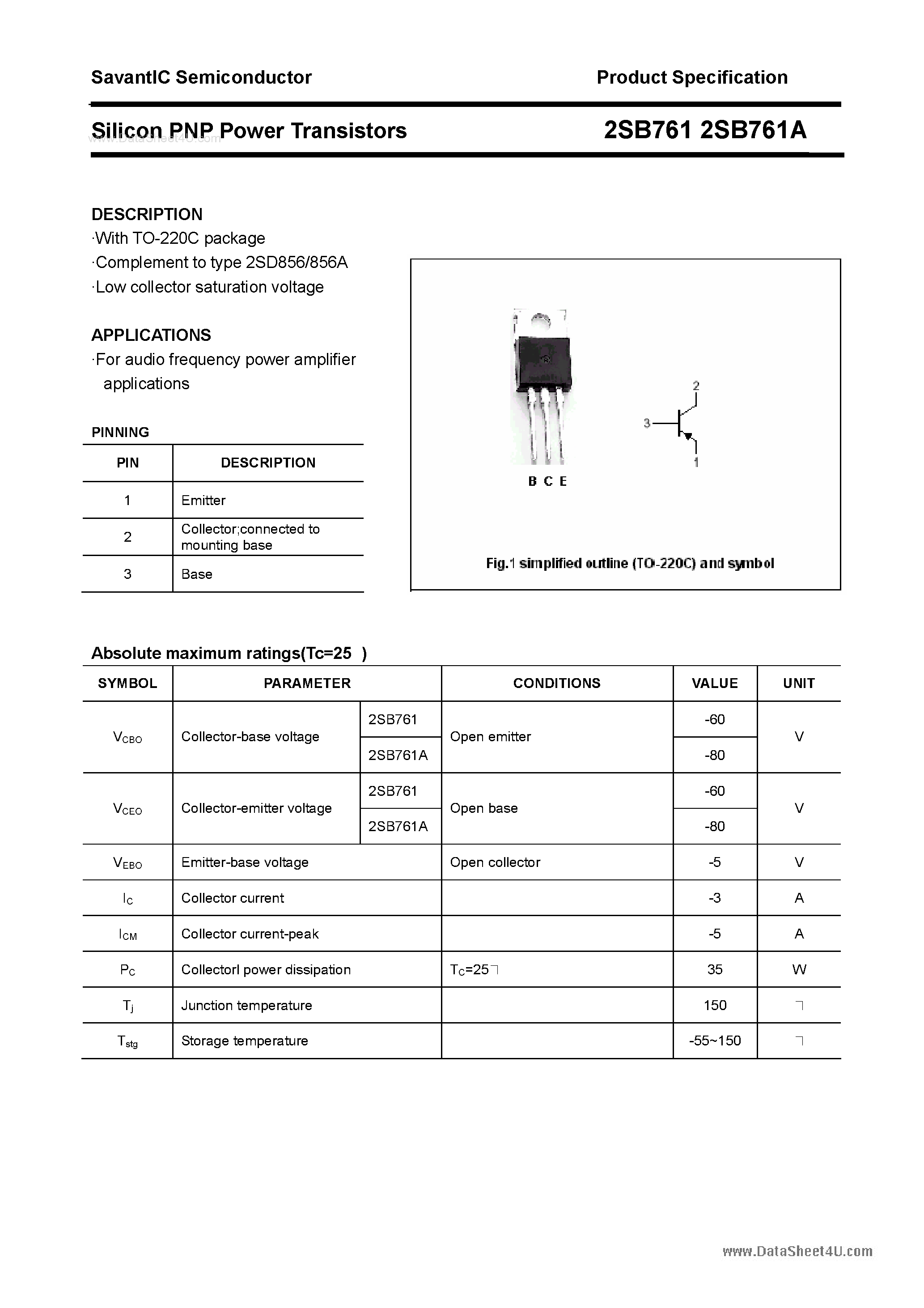 Даташит 2SB761 - SILICON POWER TRANSISTOR страница 1