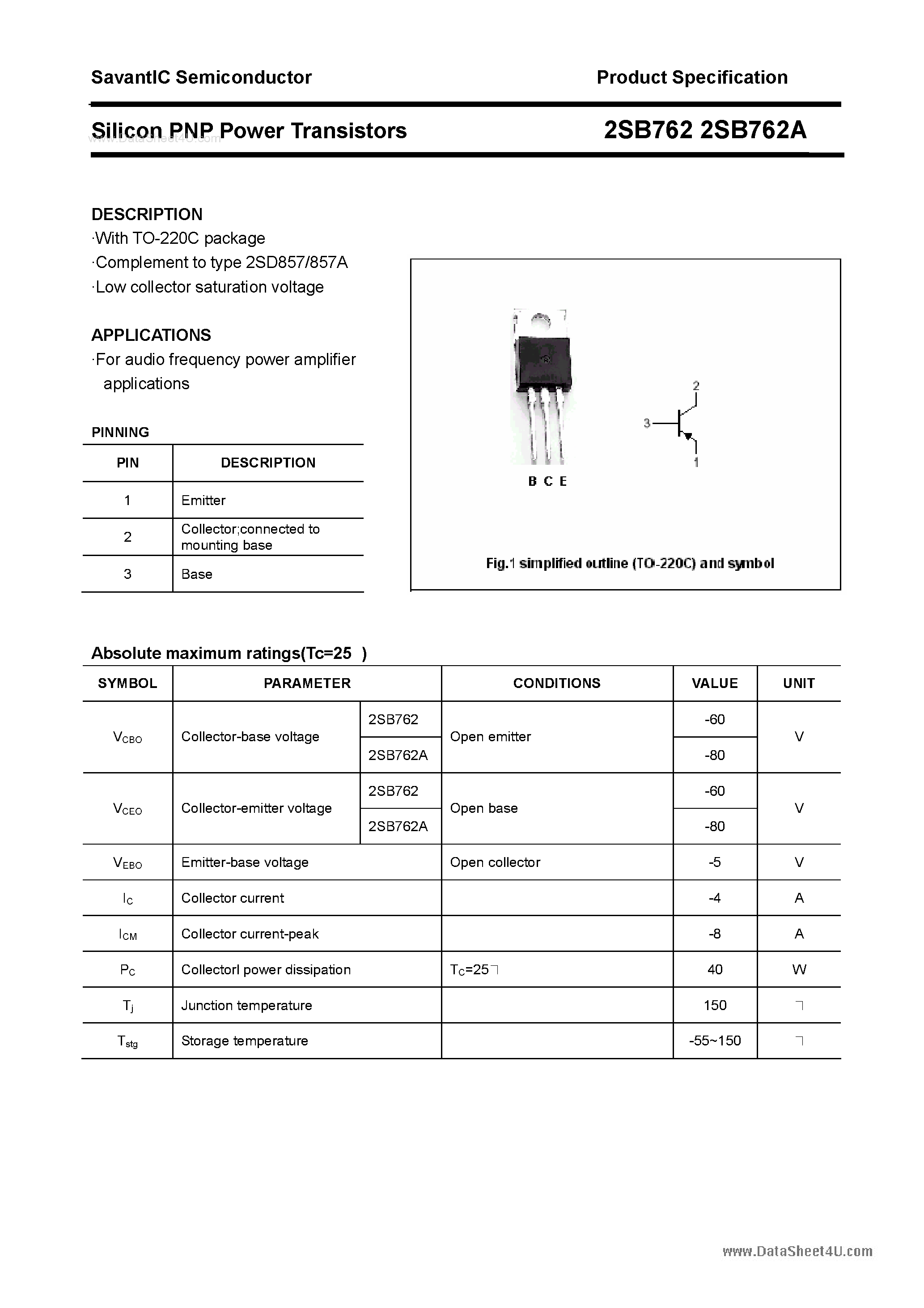 Даташит 2SB762 - SILICON POWER TRANSISTOR страница 1