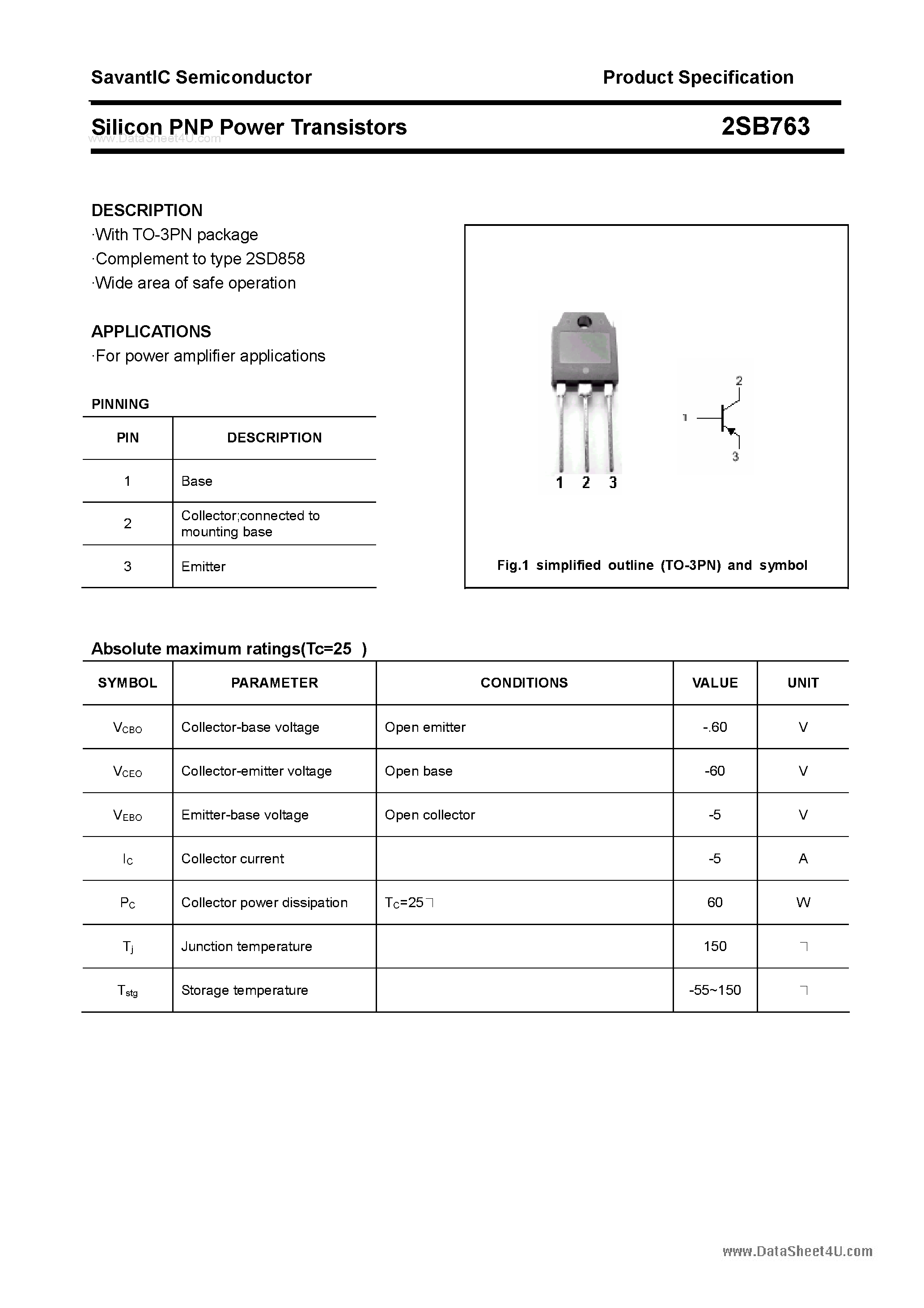 Даташит 2SB763 - SILICON POWER TRANSISTOR страница 1
