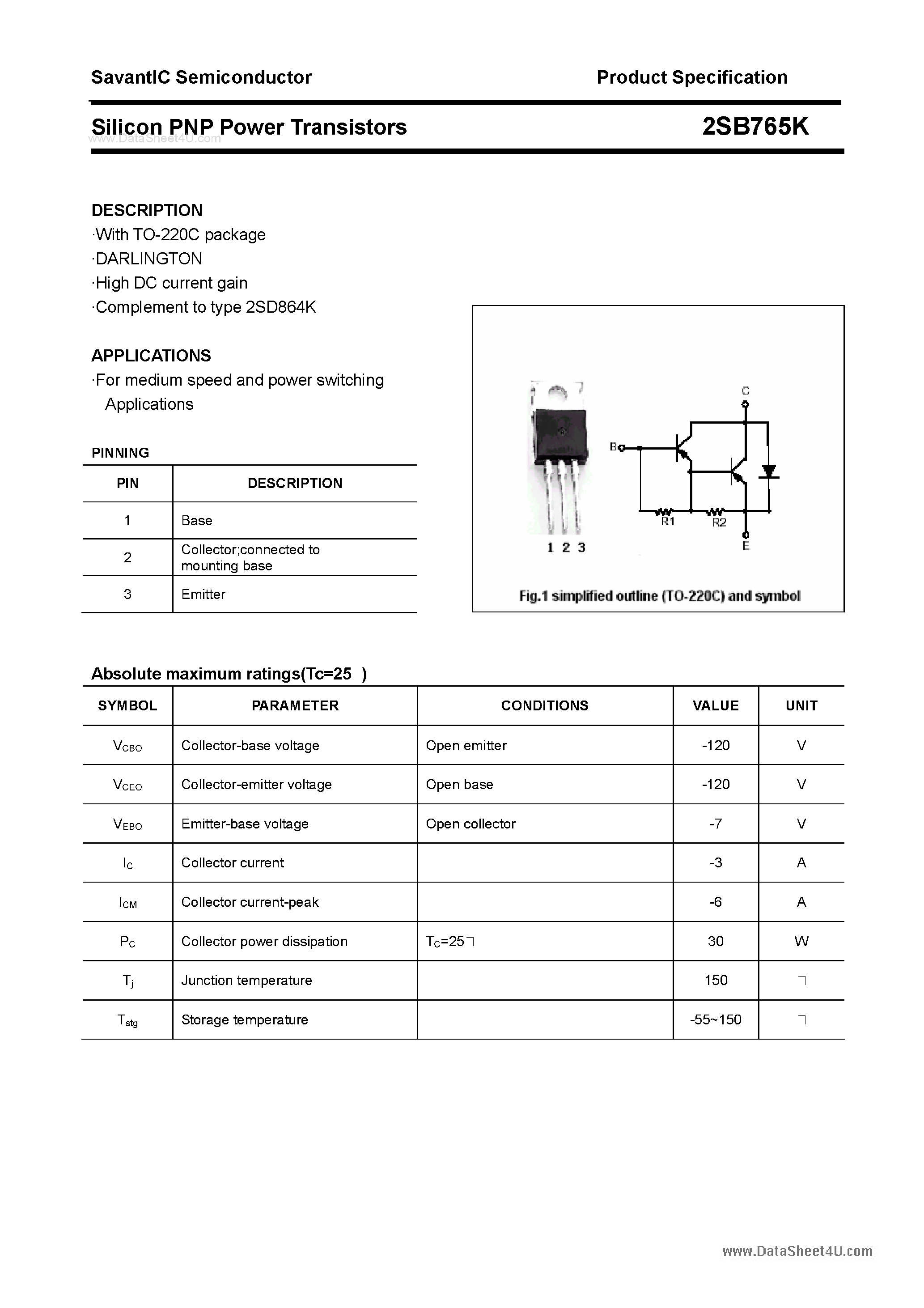 Даташит 2SB765K - SILICON POWER TRANSISTOR страница 1