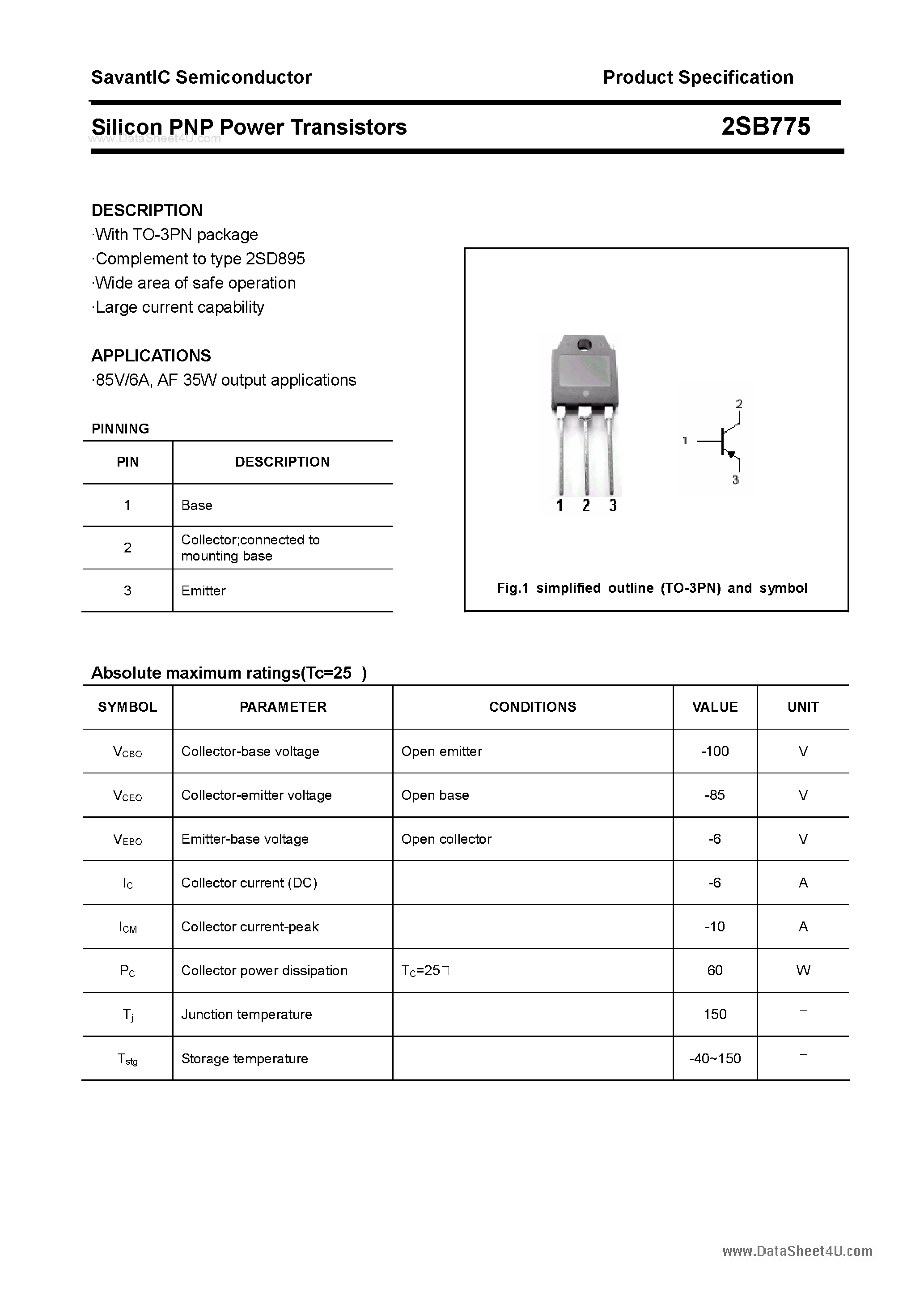 Даташит 2SB775 - SILICON POWER TRANSISTOR страница 1
