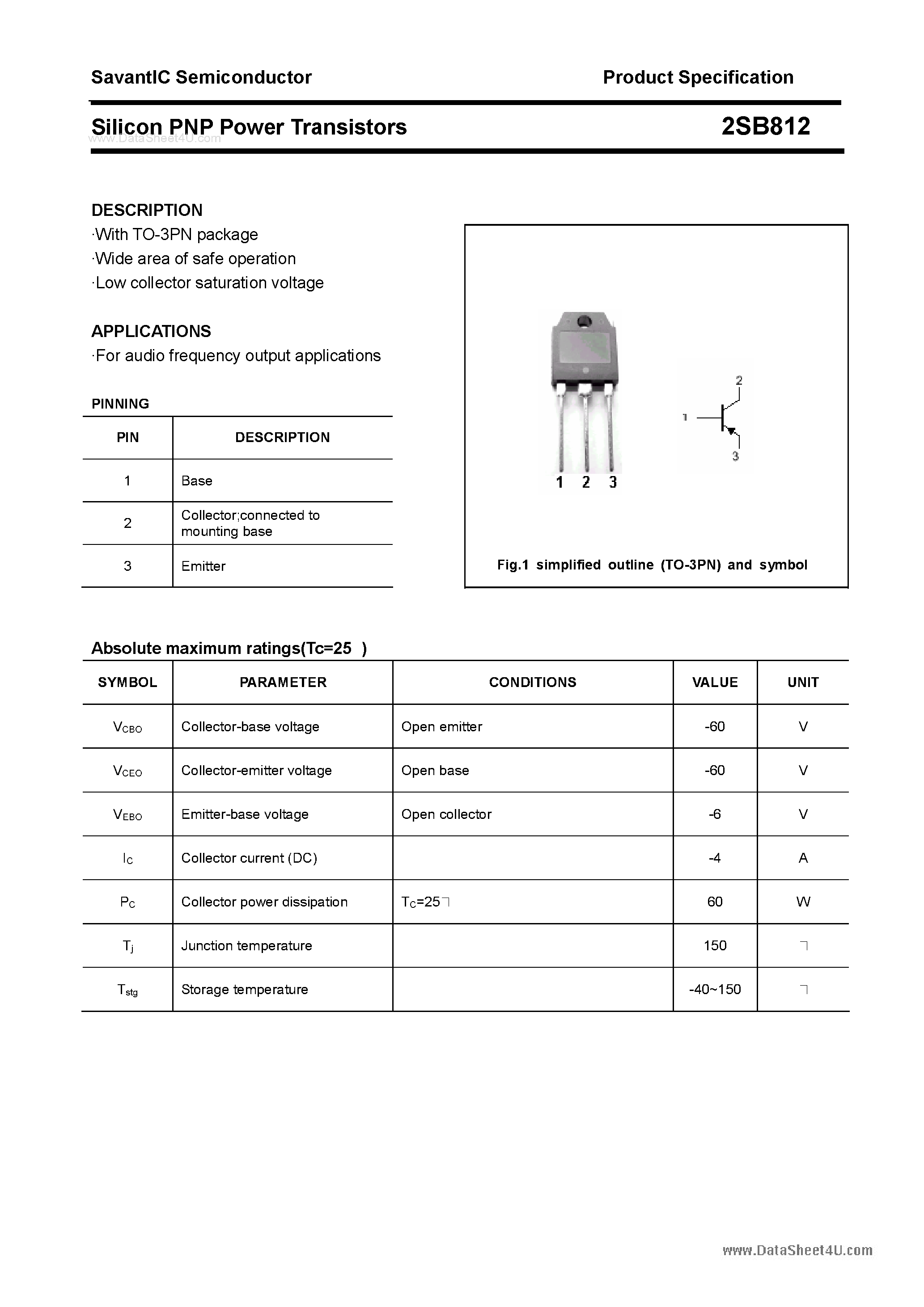 Даташит 2SB812 - SILICON POWER TRANSISTOR страница 1