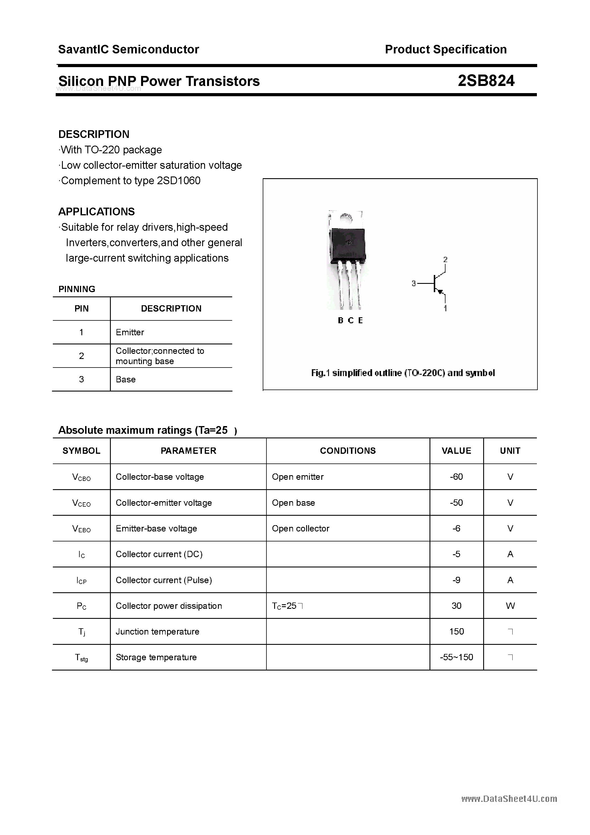 Даташит 2SB824 - SILICON POWER TRANSISTOR страница 1