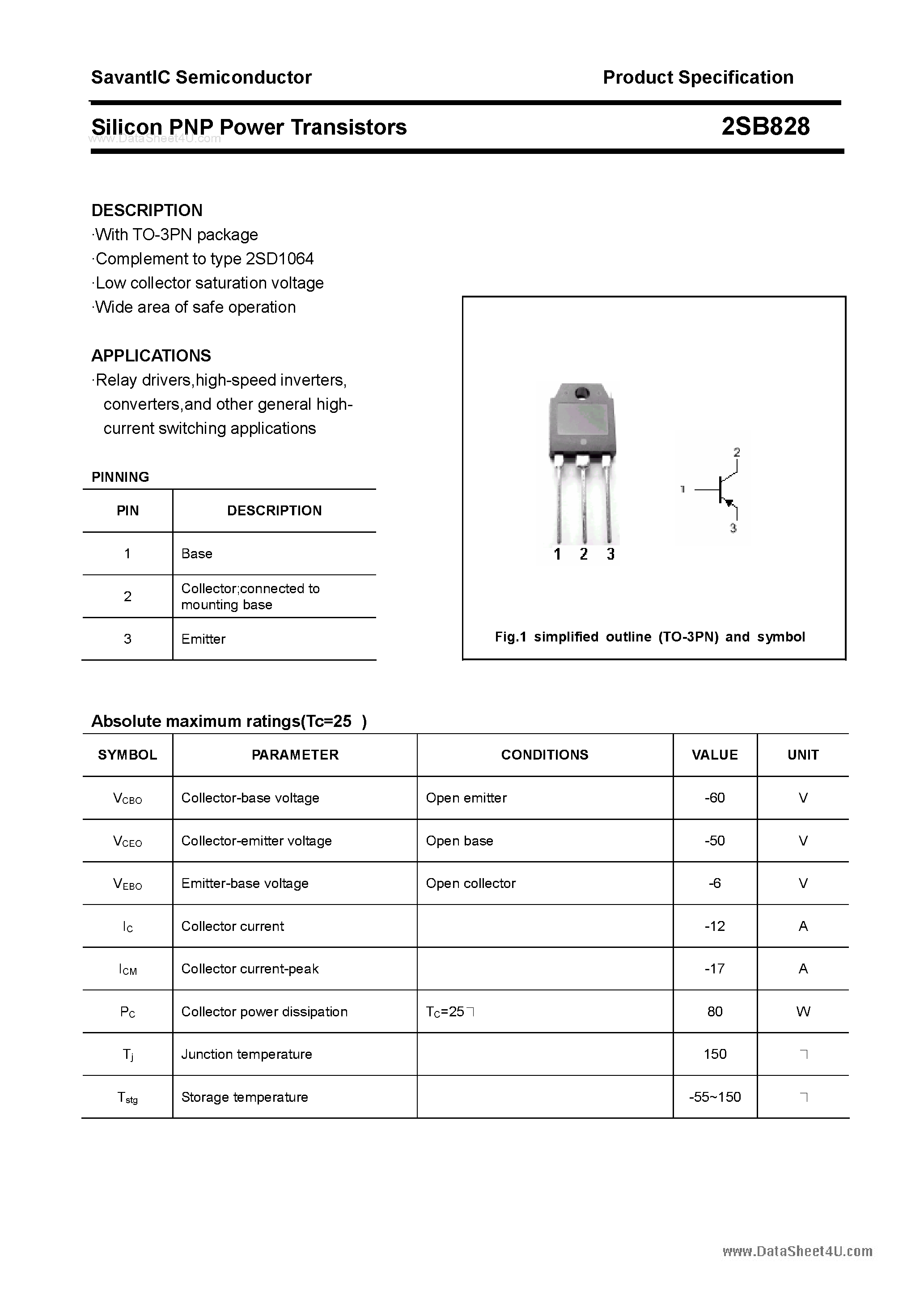 Даташит 2SB828 - SILICON POWER TRANSISTOR страница 1