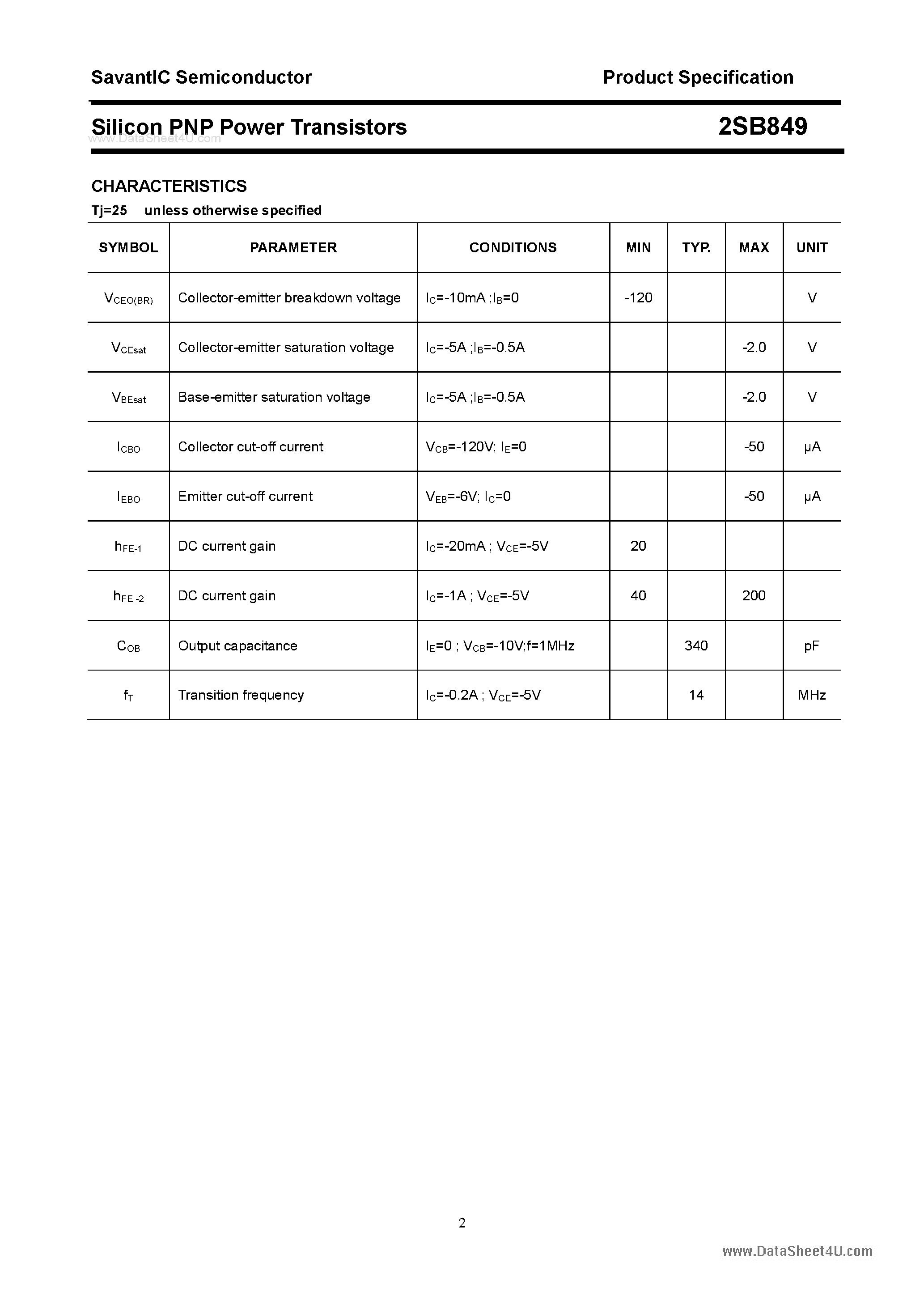 Даташит 2SB849 - SILICON POWER TRANSISTOR страница 2