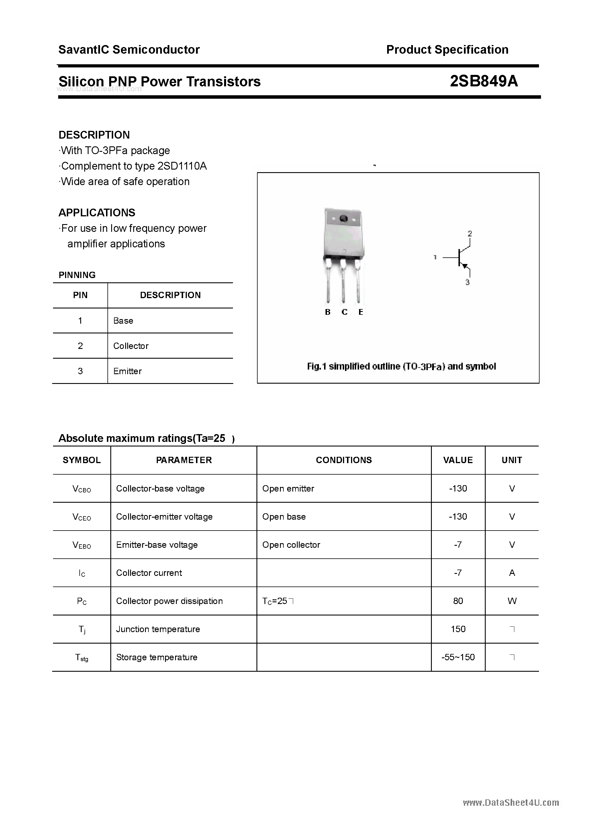 Даташит 2SB849A - SILICON POWER TRANSISTOR страница 1