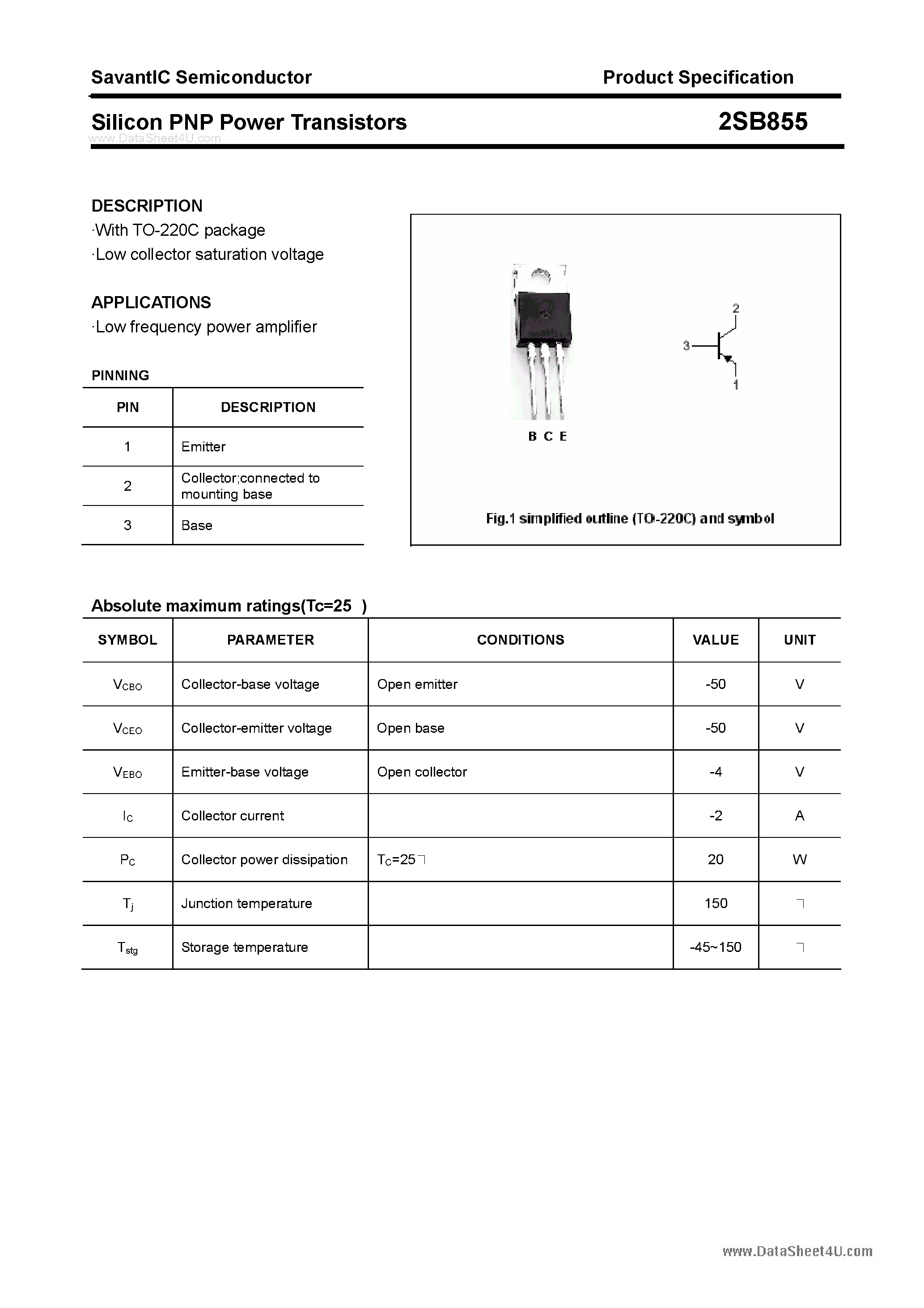 Даташит 2SB855 - SILICON POWER TRANSISTOR страница 1