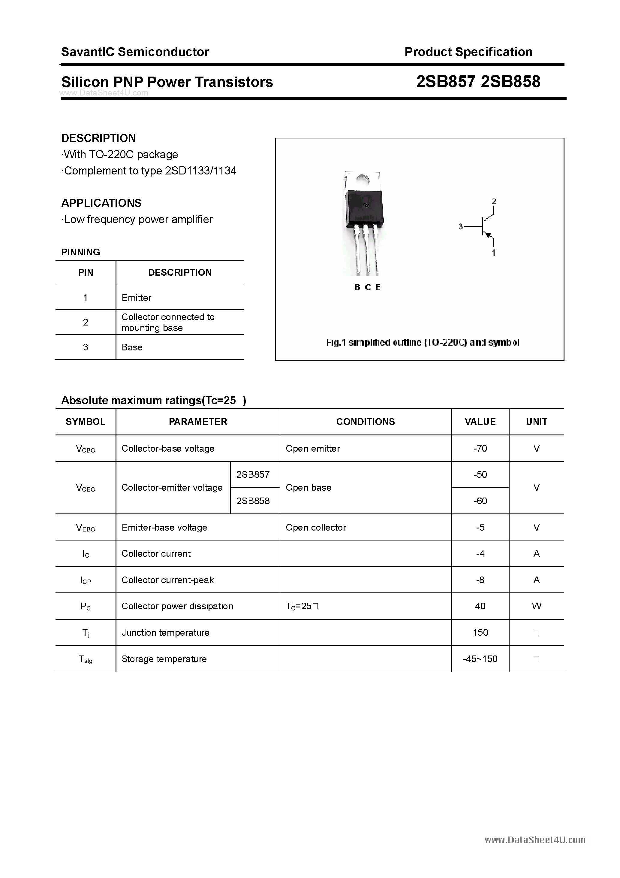 Даташит 2SB857 - (2SB857 / 2SB858) SILICON POWER TRANSISTOR страница 1