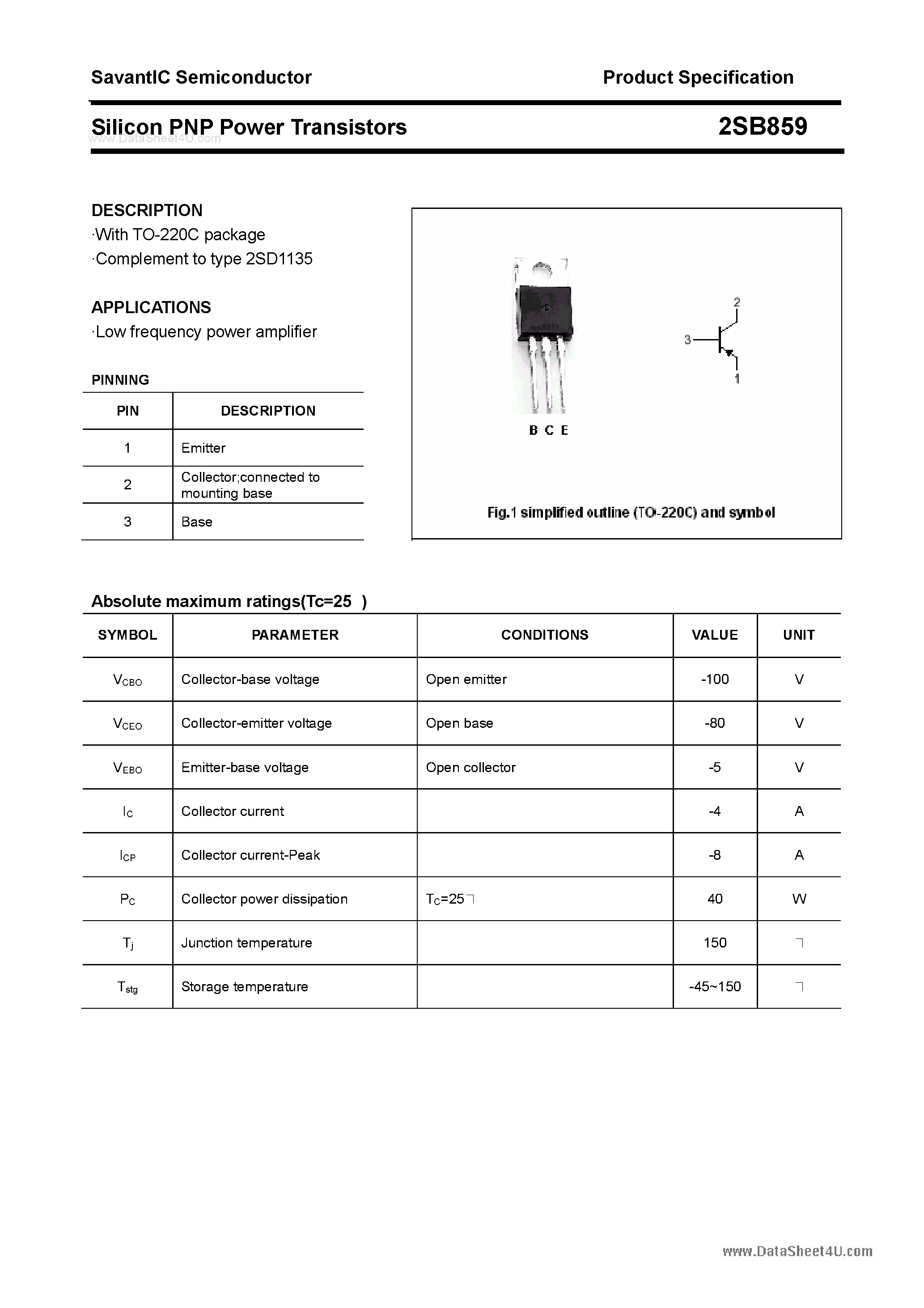 Datasheet 2SB859 page 1 Datasheet 2SB859 - SILICON POWER TRANSISTOR page 1