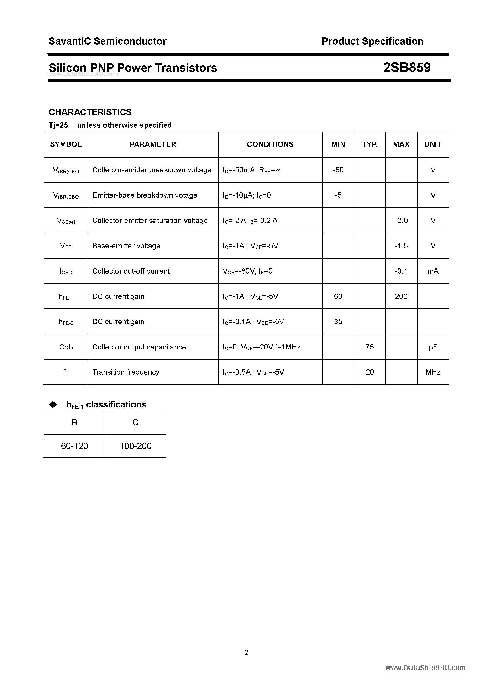 Datasheet 2SB859 page 2 Datasheet 2SB859 - SILICON POWER TRANSISTOR page 2