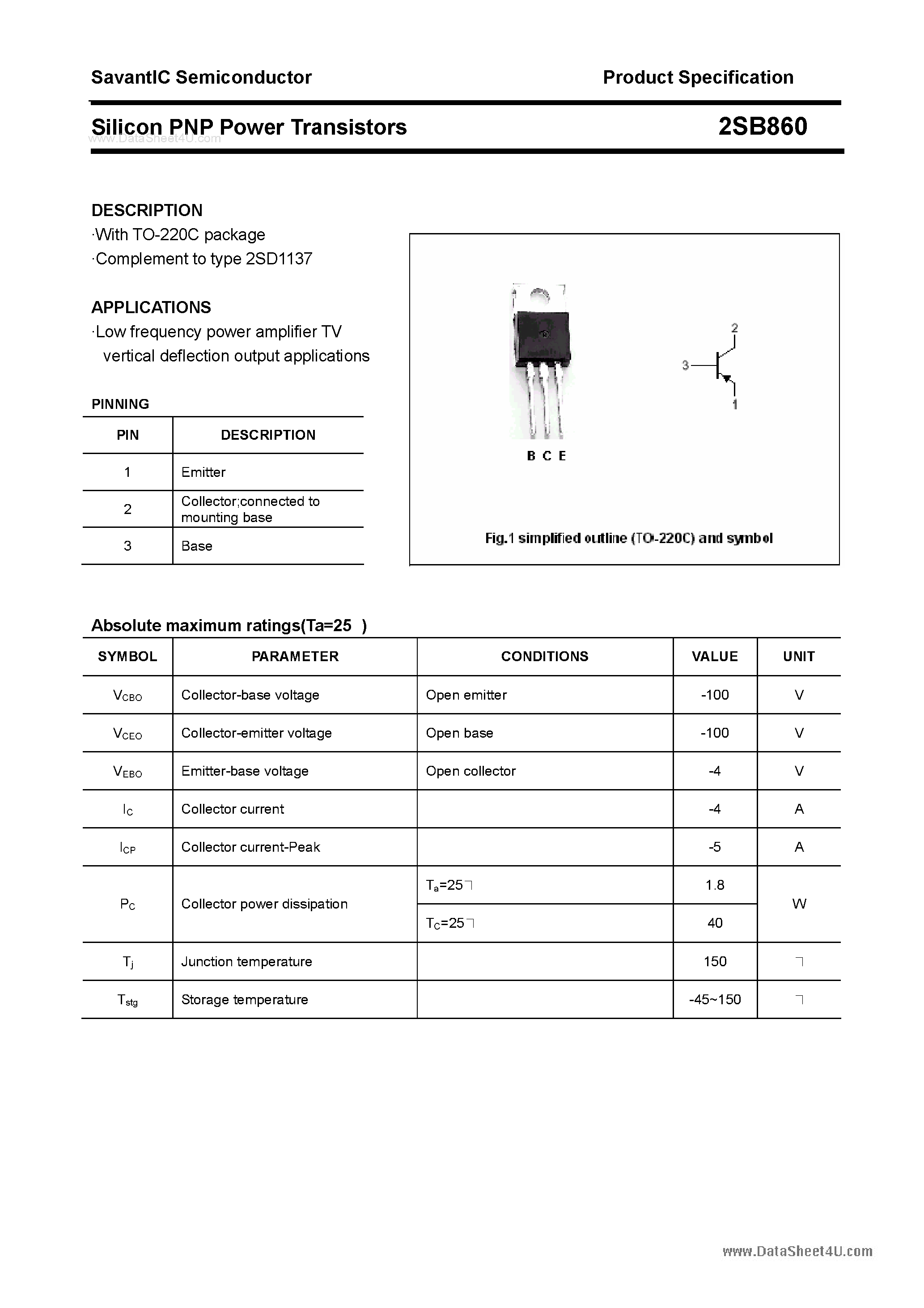 Даташит 2SB860 - SILICON POWER TRANSISTOR страница 1