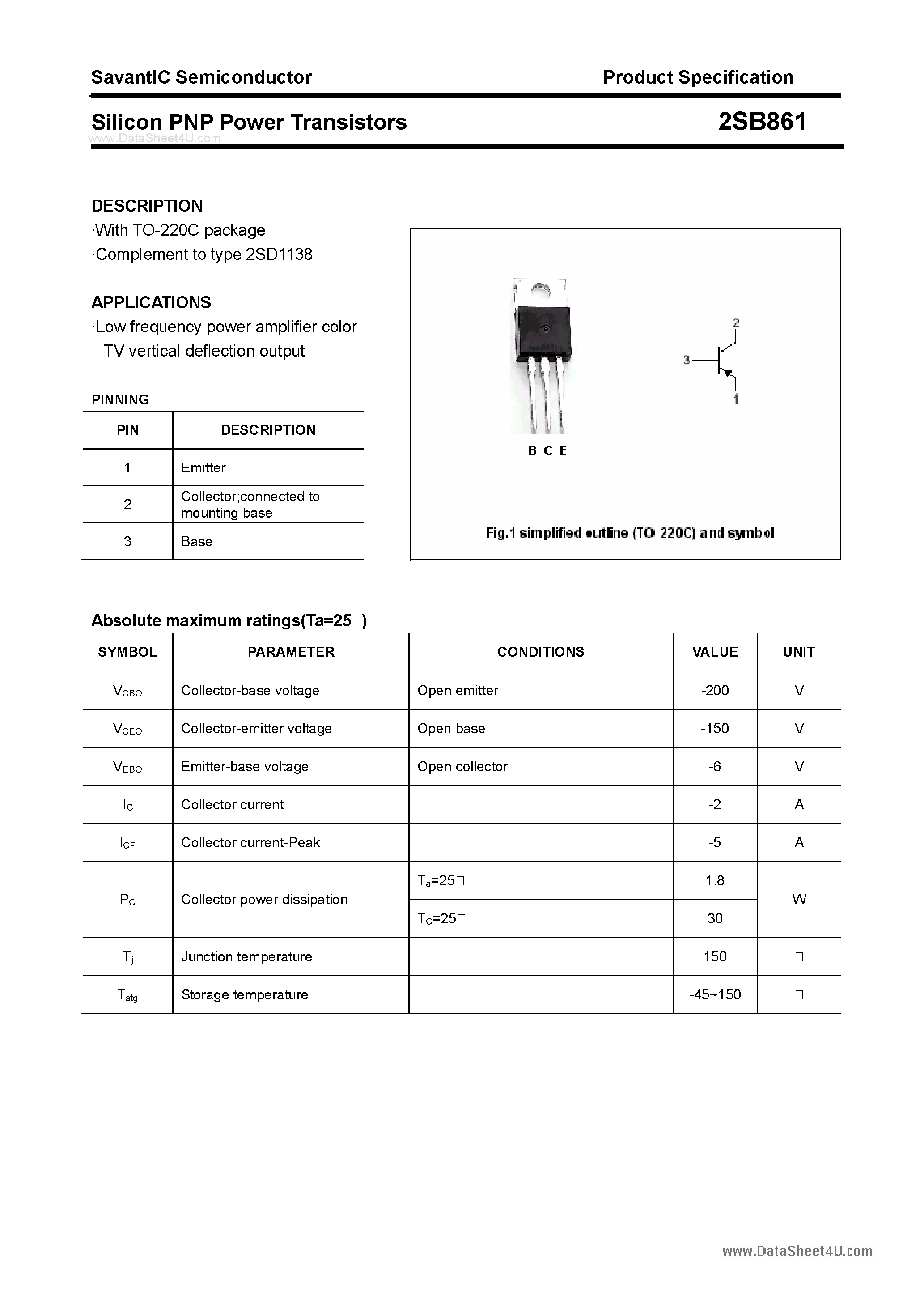 Даташит 2SB861 - SILICON POWER TRANSISTOR страница 1